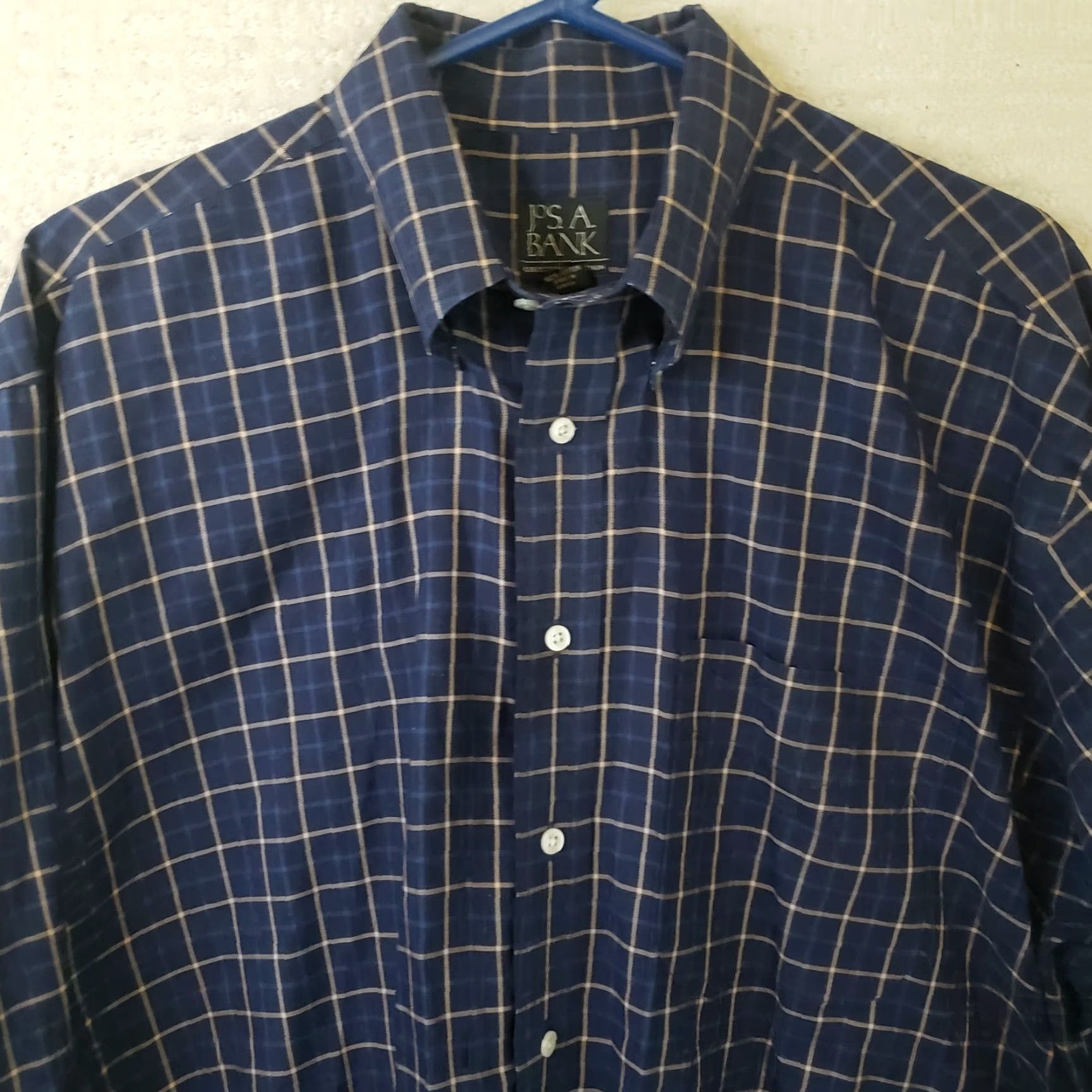 Jos. A. Bank Jos. A. Bank Executive Edition Mens L Button-Down Dress Shirt Plaid Blue Yellow 100% Cotton Convertible Cuff Long Sleeve Regular Fit Size 42R - 3 Thumbnail
