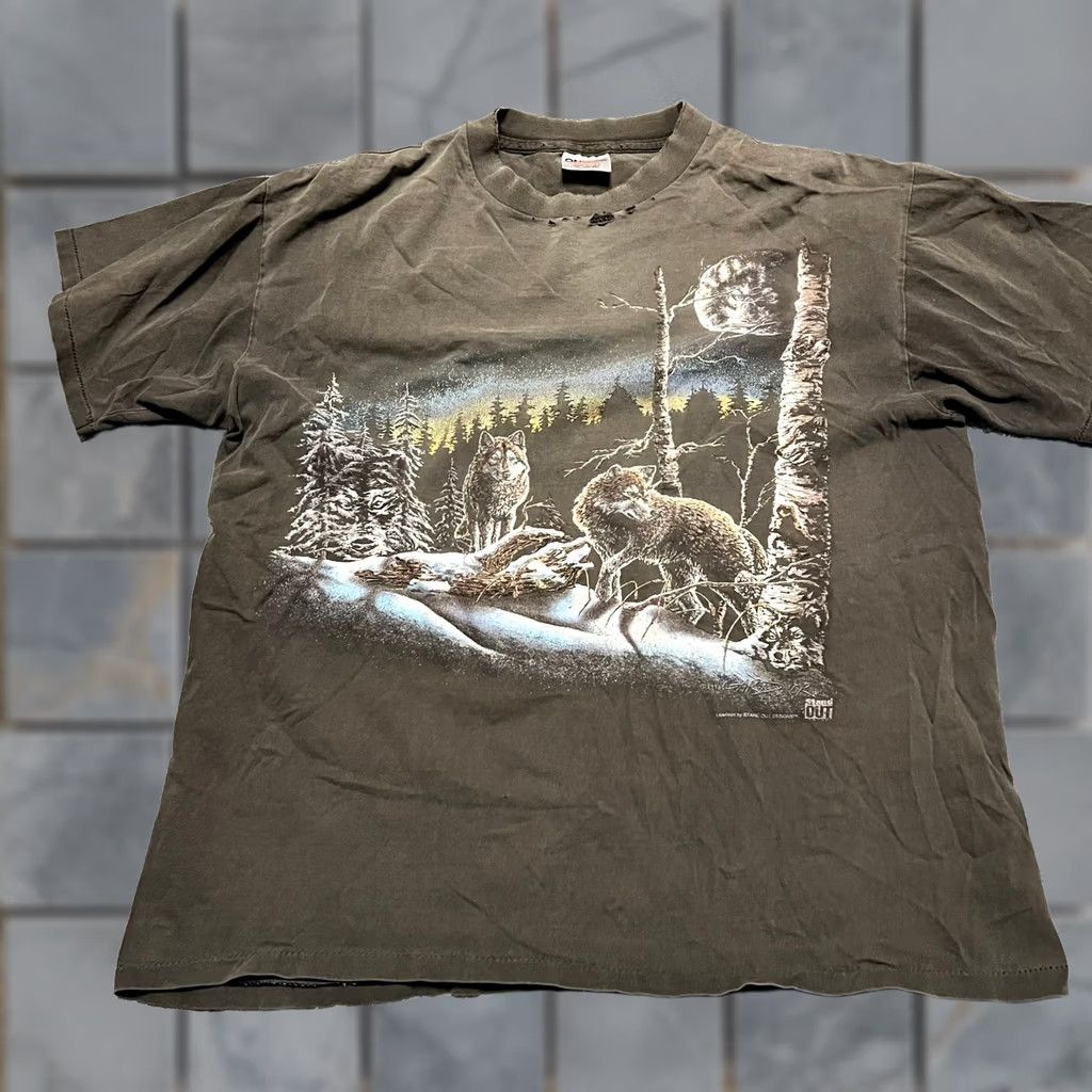Vintage VINTAGE Oneita Shirt Mens XL Wolf Print Single Stitch Tee Gray Distressed Size US XL / EU 56 / 4 - 1 Thumbnail