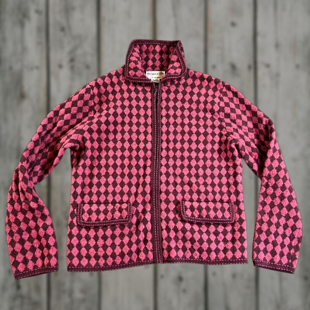 Pendleton VINTAGE Pendleton Cardigan Women Small Pink Burgundy Harlequin Diamond Full Zip Wool Size S / US 4 / IT 40 - 1 Thumbnail