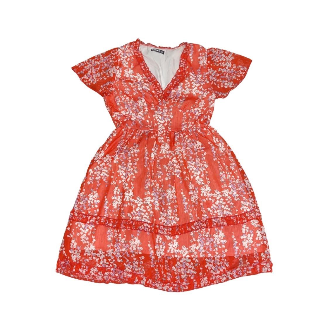 Shein Red Floral Print V-Neck Tiered Dress Fluttered Sleeves flirt Size S / US 4 / IT 40 - 1 Thumbnail