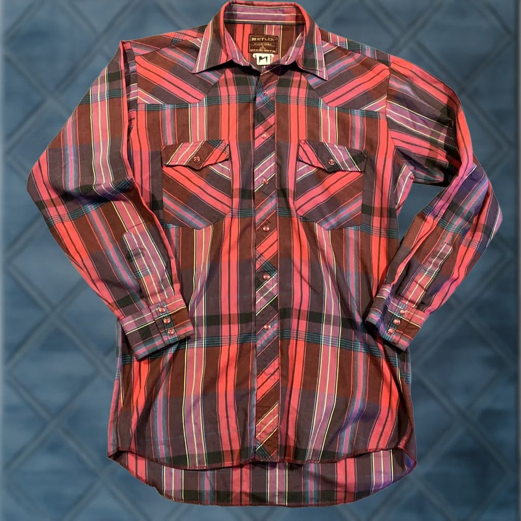 Vintage VINTAGE Rustler Red Plaid Long Tails Long Sleeve Pearl Snap Shirt 15 32/33 Men Shirt Cowboy Western 80s 90s Size US M / EU 48-50 / 2 - 1 Thumbnail