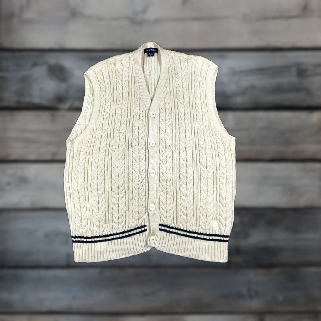 Nautica Nautica Tennis Style Sweater Vest Adult Medium Beige Blue Cable Knit Button Up Vest Womens/Mens? Size US M / EU 48-50 / 2 - 1 Thumbnail