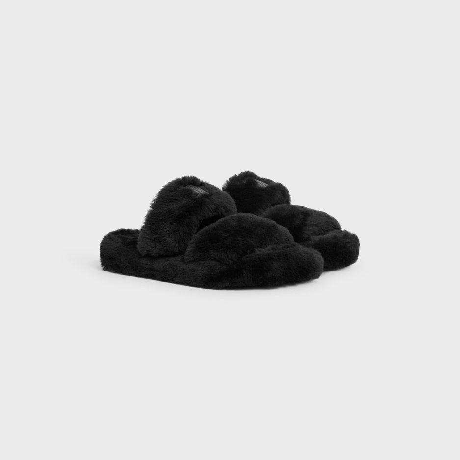Celine o1w1db10125 343554434C Triomphe Fur Slides in Black Size US 12 / IT 42 - 2 Thumbnail