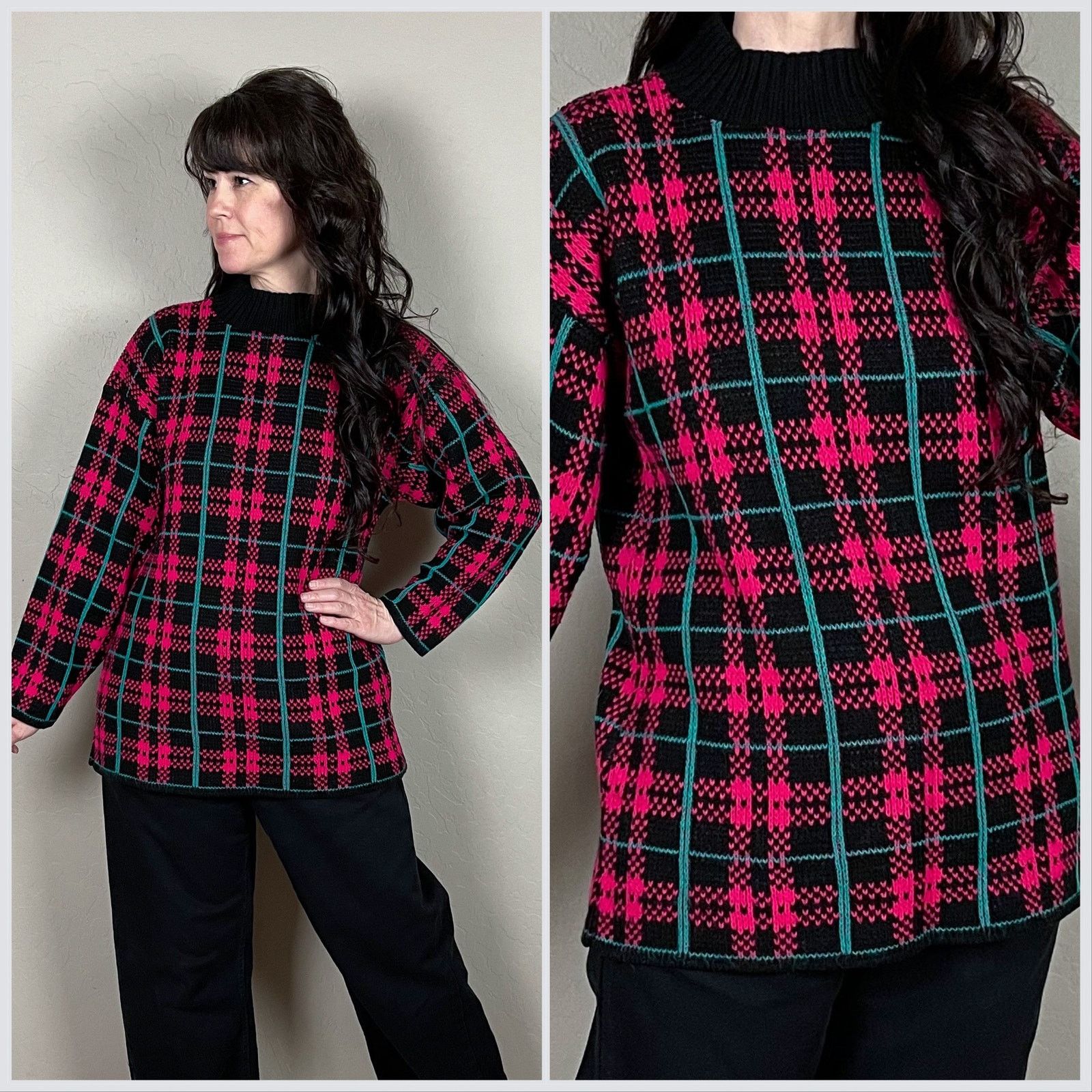 Vintage 1980s Hot Pink and Black Plaid Mock Neck Tunic Sweater Size M / US 6-8 / IT 42-44 - 1 Thumbnail
