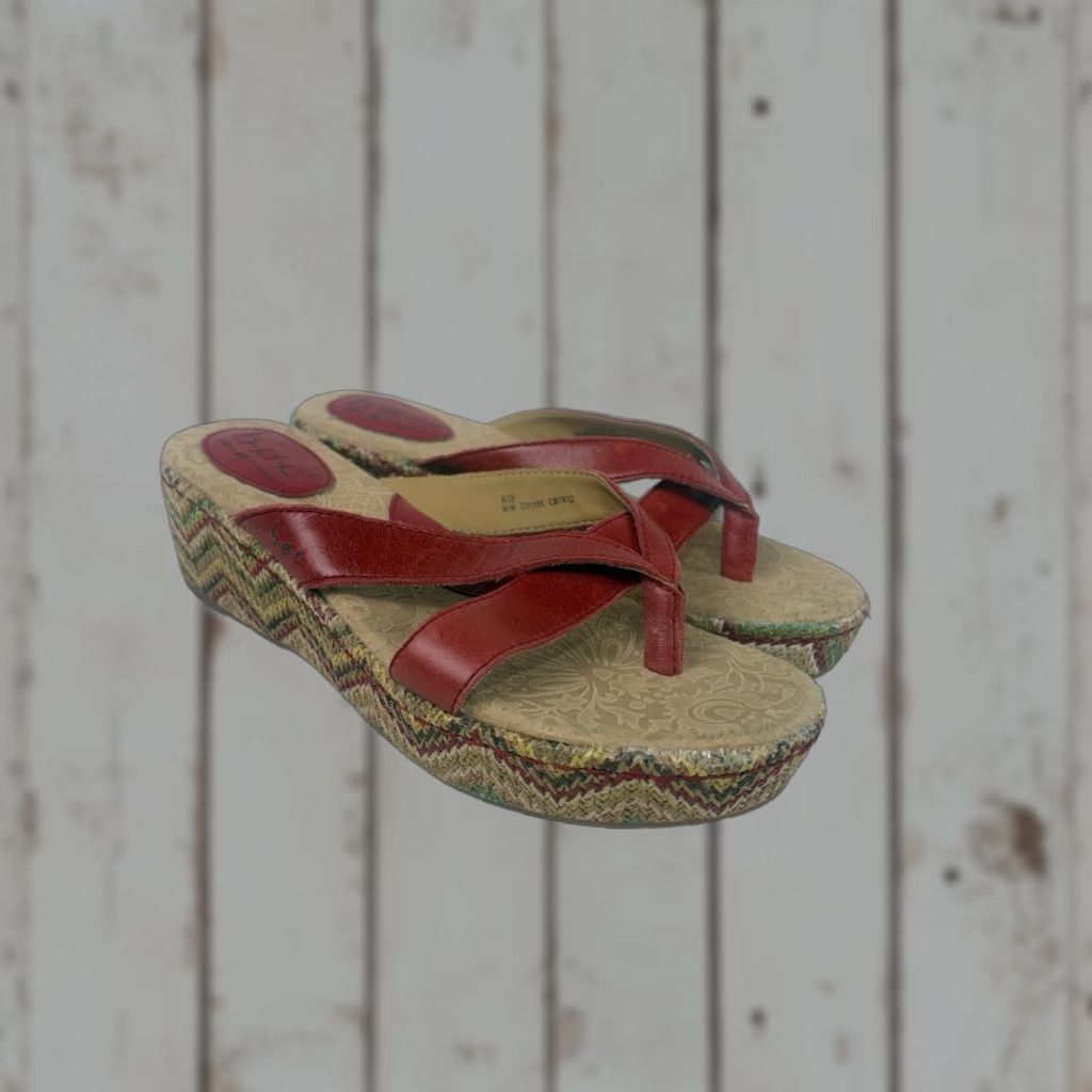 Born Concepts Red Leather Wedge Sandals Womens Size 8 - Strappy Slip On, 2In Heel Shoes, Casual, Bohemian, Retro