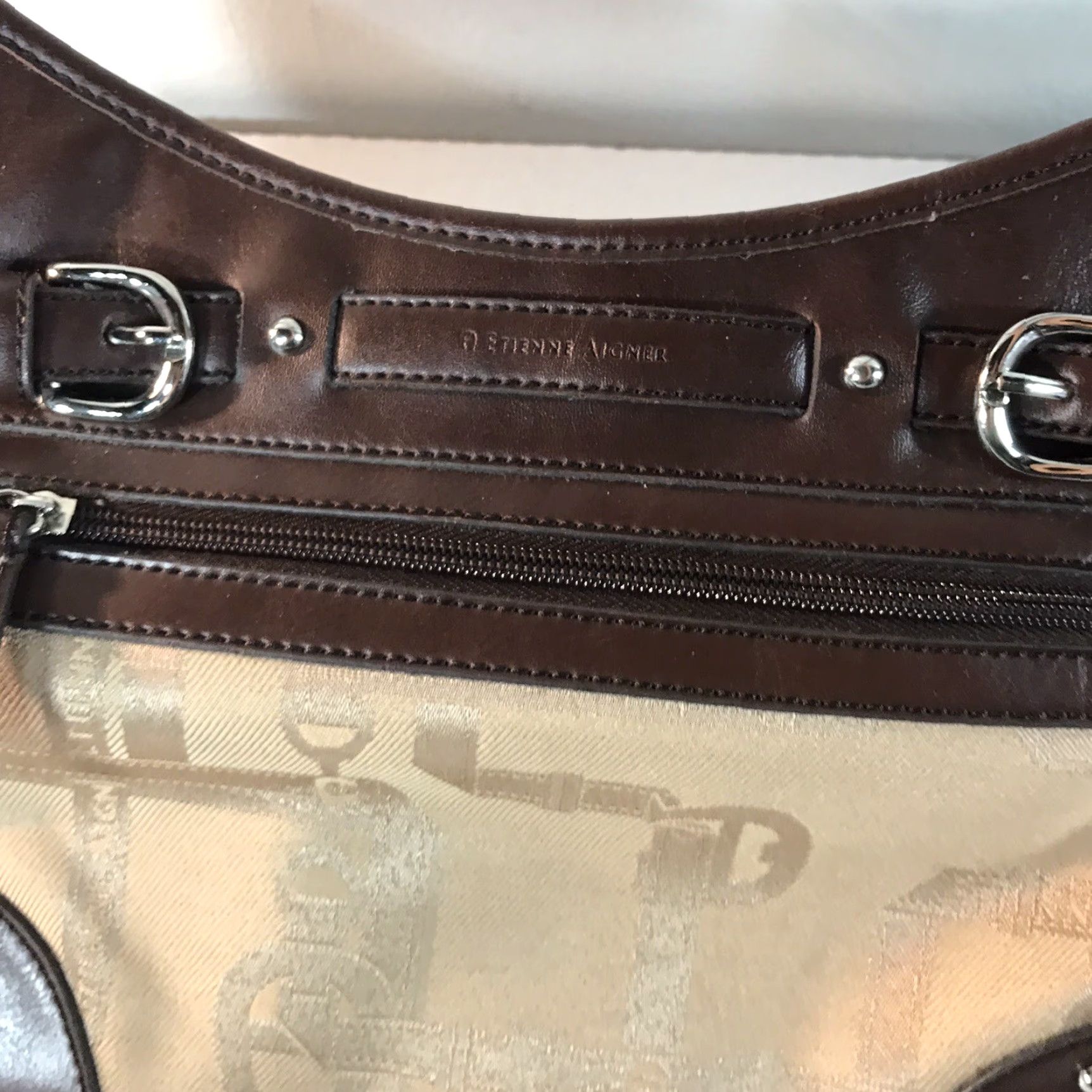 Etienne Aigner VINTAGE Etienne Aigner Womens Shoulder Bag Leather Gold Fabric Multi Pockets Casual Travel Medium Brown Size ONE SIZE - 2 Thumbnail