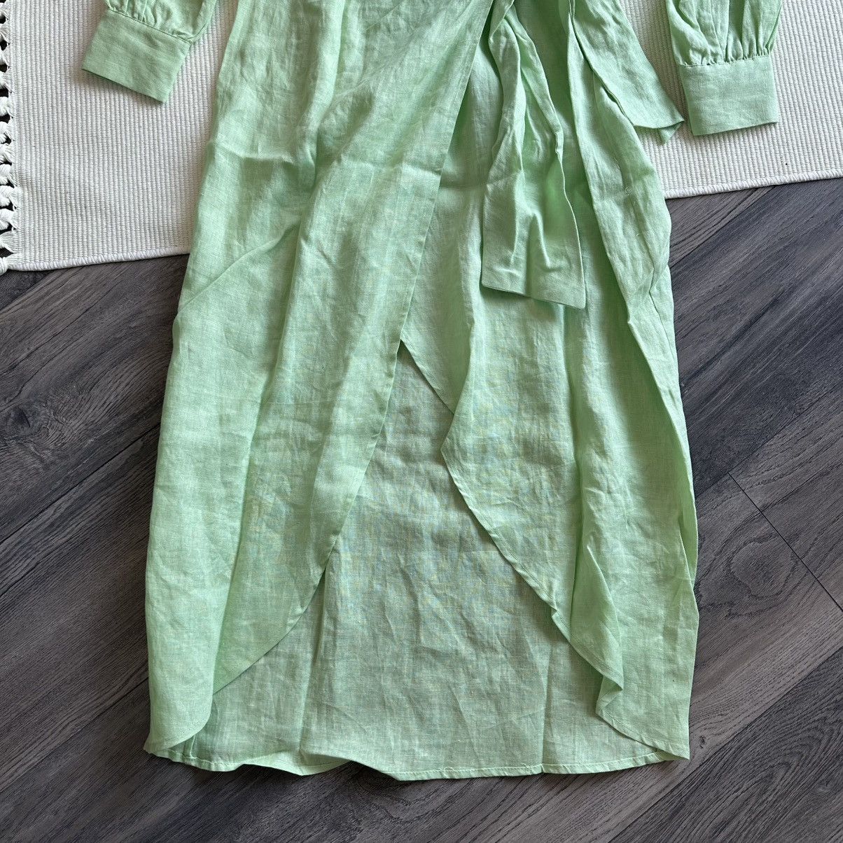 Magaschoni Pistachio Green Linen Long Sleeve Wrap Midi Dress