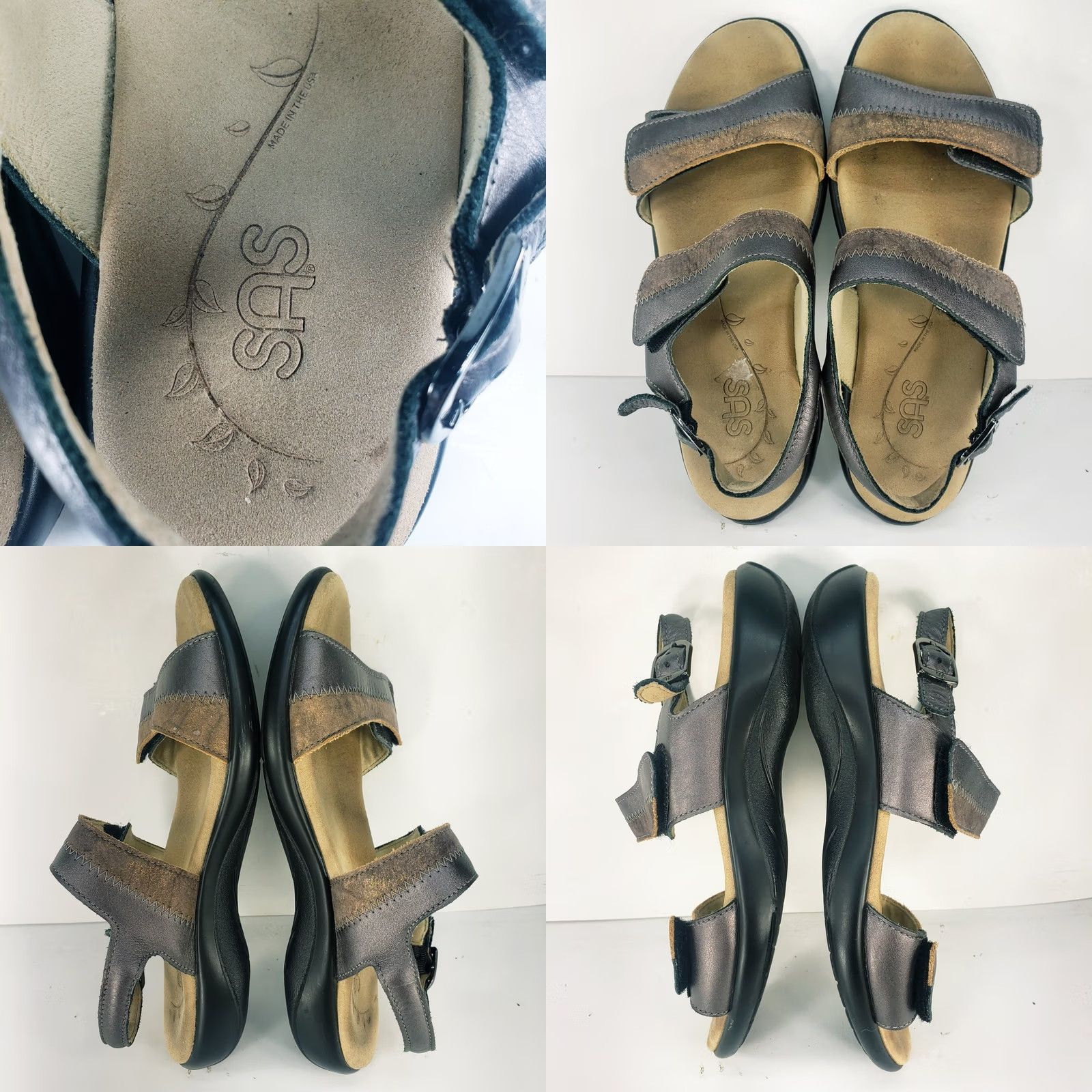 SAS SAS Womens Sandals 7.5W Nudu Leather Two Tone Pewter Bronze Metal Strappy Comfort Buckle Size US 8 / IT 38 - 8 Thumbnail
