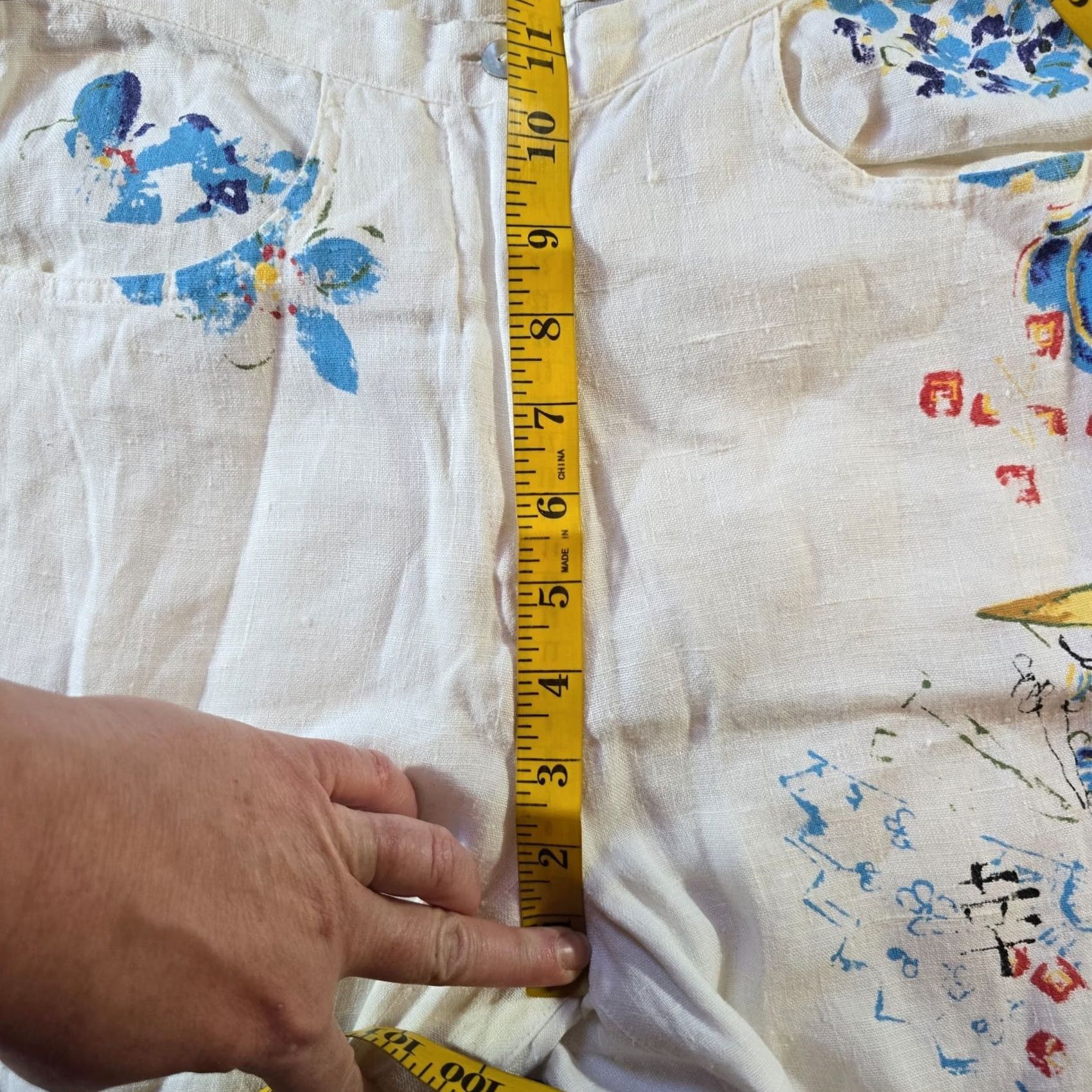 Vintage Chicos Pants Women Size 4 White Linen Floral Painted Art To Wear Artsy Lagenlook Cropped Wide-Leg Casual Size 27" / US 4 / IT 40 - 7 Thumbnail