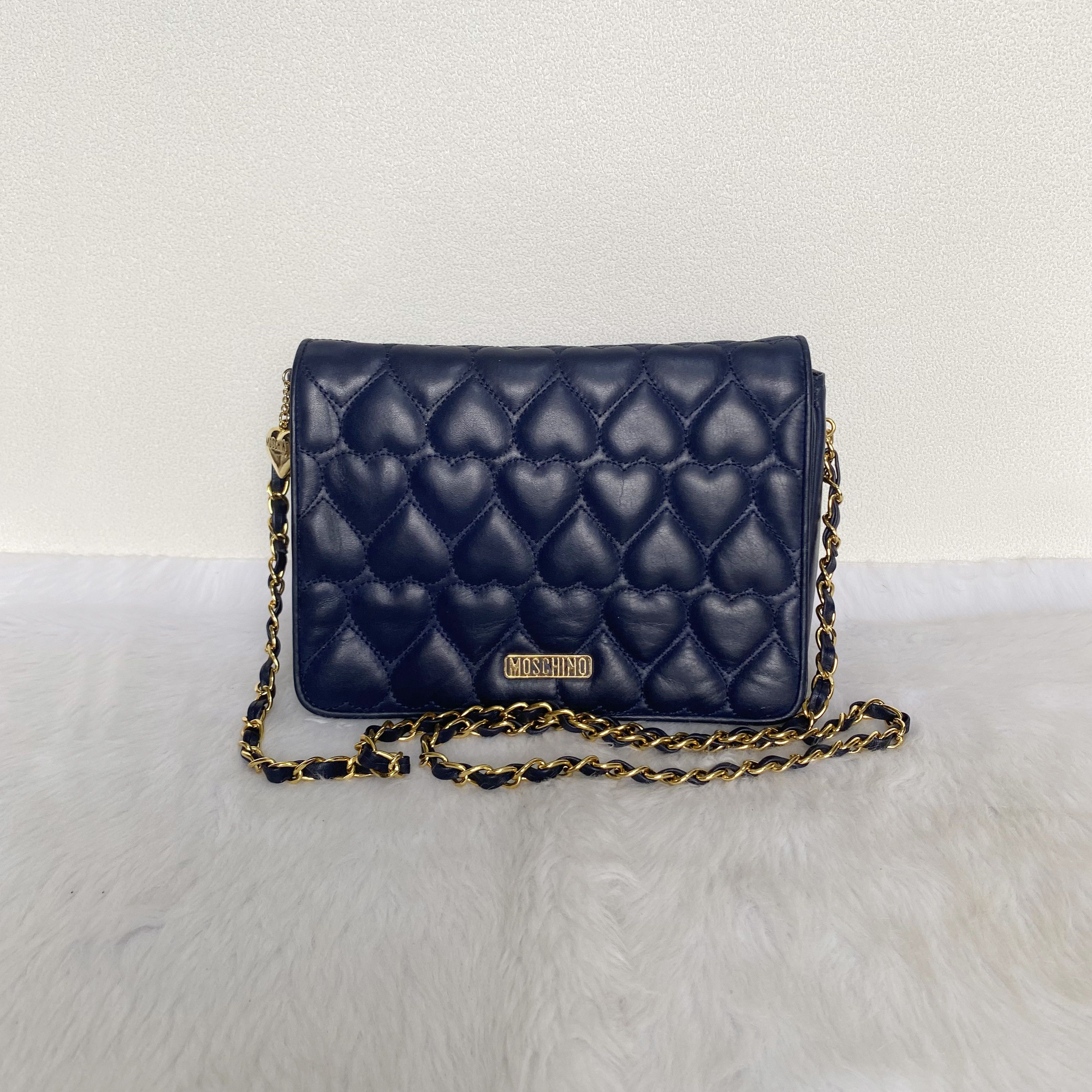 Moschino Vintage Navy Quilted Hearts Leather Crossbody Bag Size ONE SIZE - 1 Thumbnail