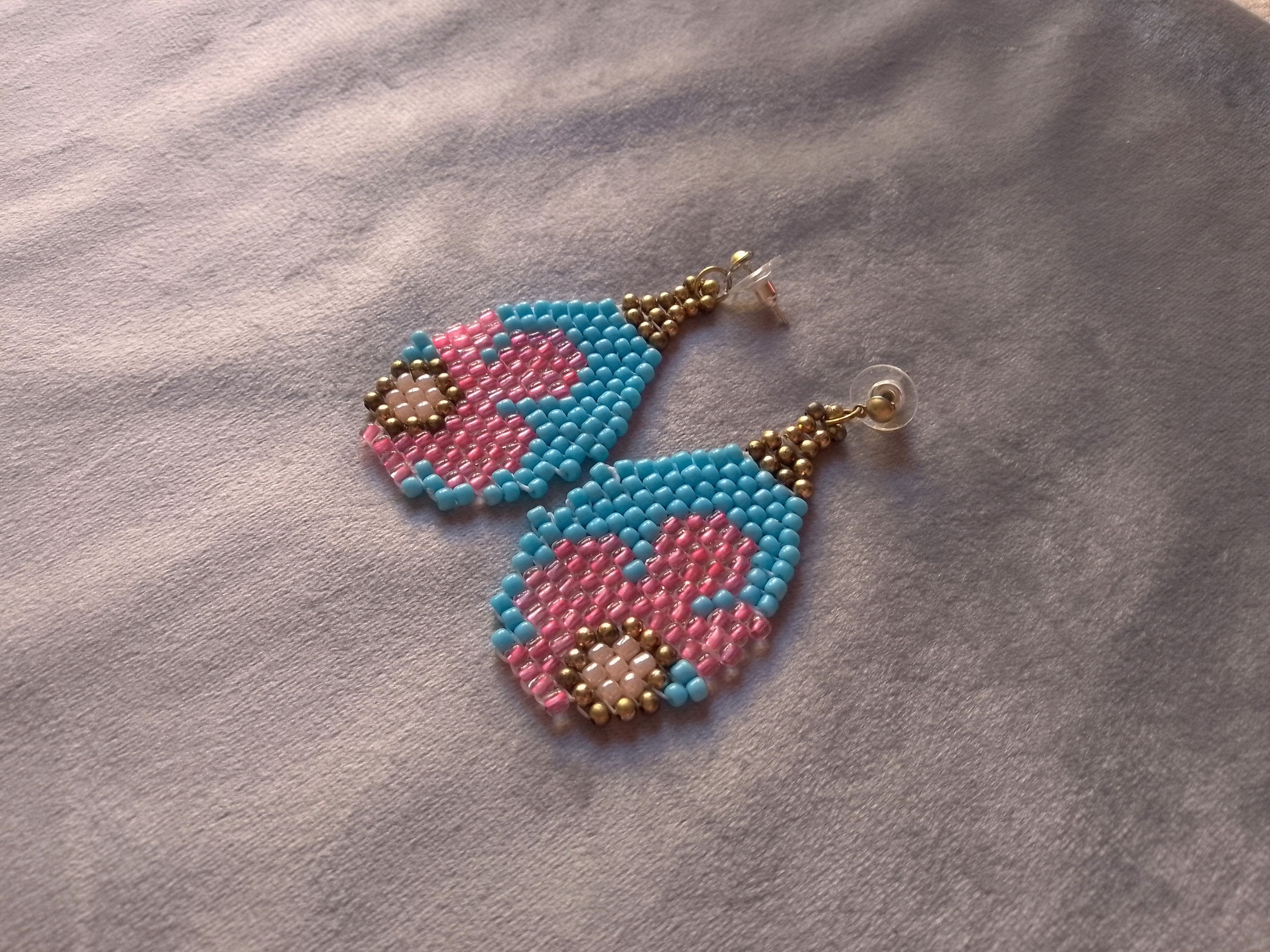 Handmade Earrings Teardrop Shape Blue/Pink Flower Size ONE SIZE - 3 Thumbnail