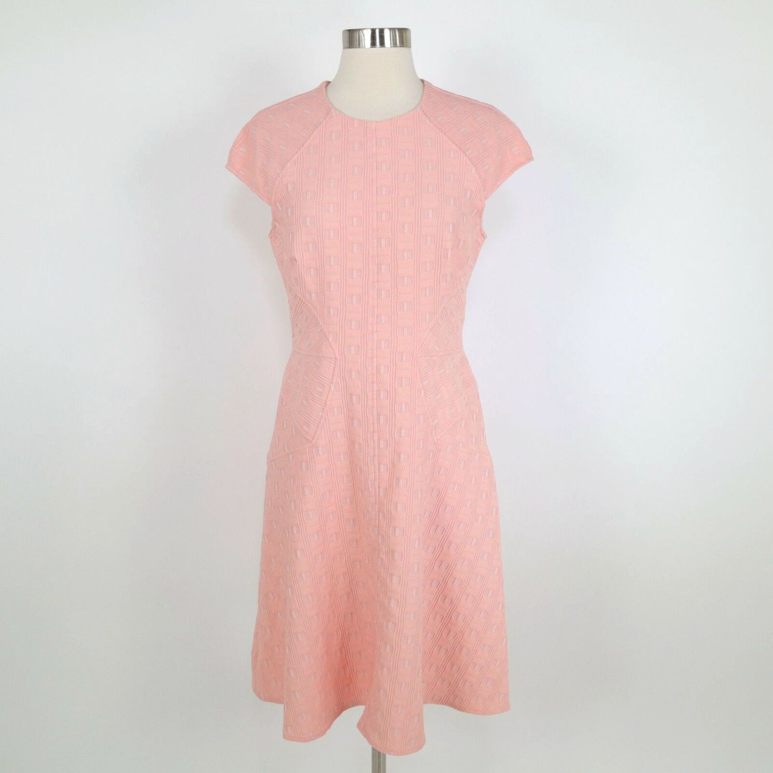 image of Lela Rose Fit & Flare Dress 8 Peach Pink Silk Cap Sleeve Crew Neck Textured in White, Women's (Size