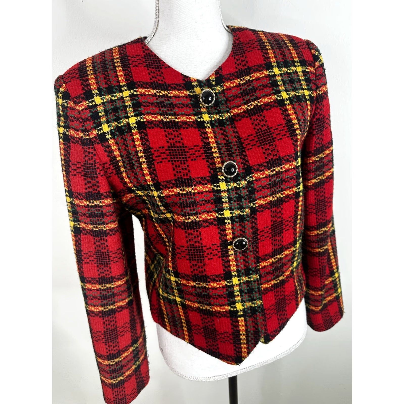 Vintage VINTAGE Tweed Plaid Crop Blazer Jacket Women’s 10 Red Collarless 90s Wool Blend Lining Shirt Mens? Size L / US 10 / IT 46 - 2 Thumbnail