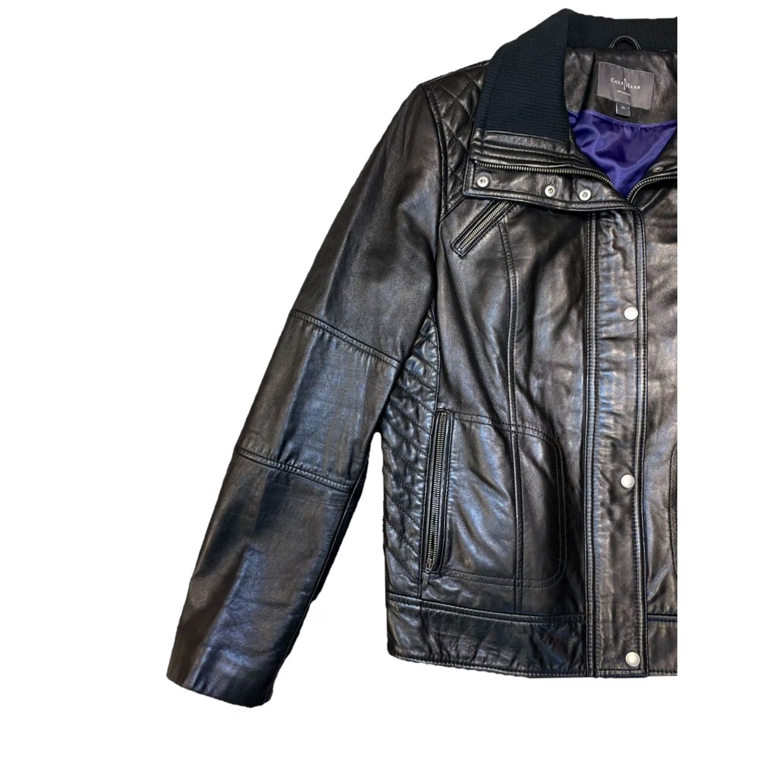 Cole Haan VINTAGE Cole Haan Leather Coat Womens XL Black Mid-Length Slim Lined Zip Button 90s Retro Bomber Jacket Size XL / US 12-14 / IT 48-50 - 3 Thumbnail