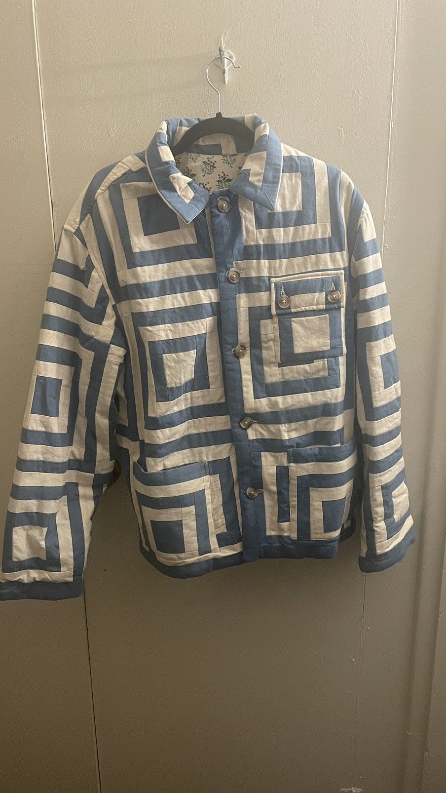 image of Bode Fw22 White House Steps Quilt Jacket in Blue White, Men's (Size Medium)