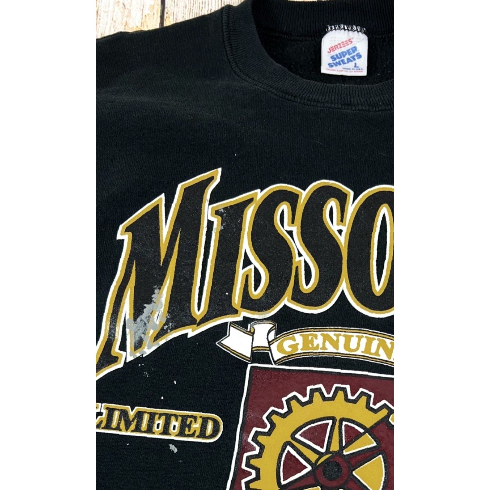 Jerzees VINTAGE Jerzees Sweatshirt Crewneck Black L Distressed Graphic Print Missouri Miners S&T Rolla 90s University Mens Size US L / EU 52-54 / 3 - 7 Thumbnail