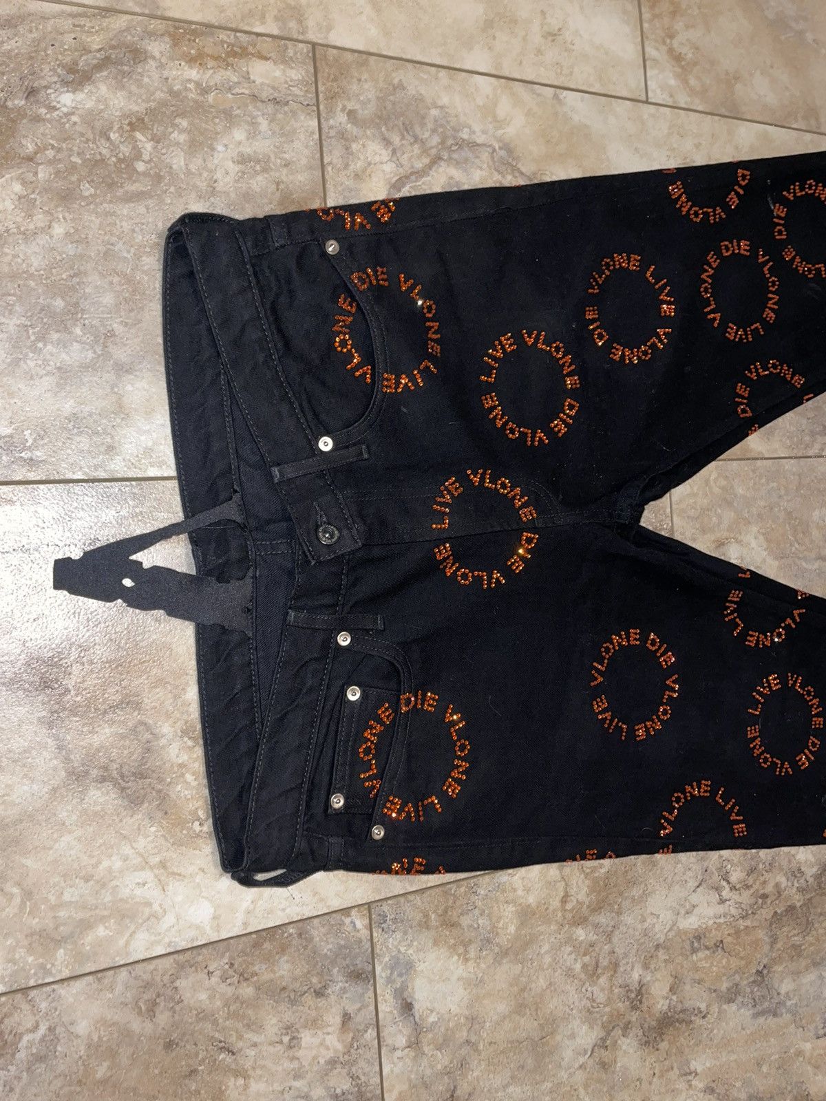 Vlone Vlone Orange Rhinestone Stacked Black Denim Jeans Size 32 | Grailed