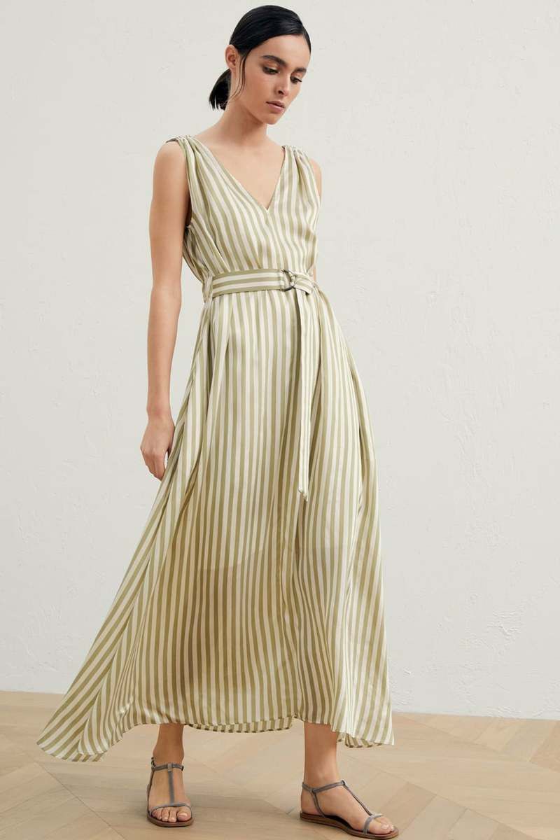 Brunello Cucinelli o1y0725 Midi Dress in Sage Green/White Size S / US 4 / IT 40 - 2 Thumbnail