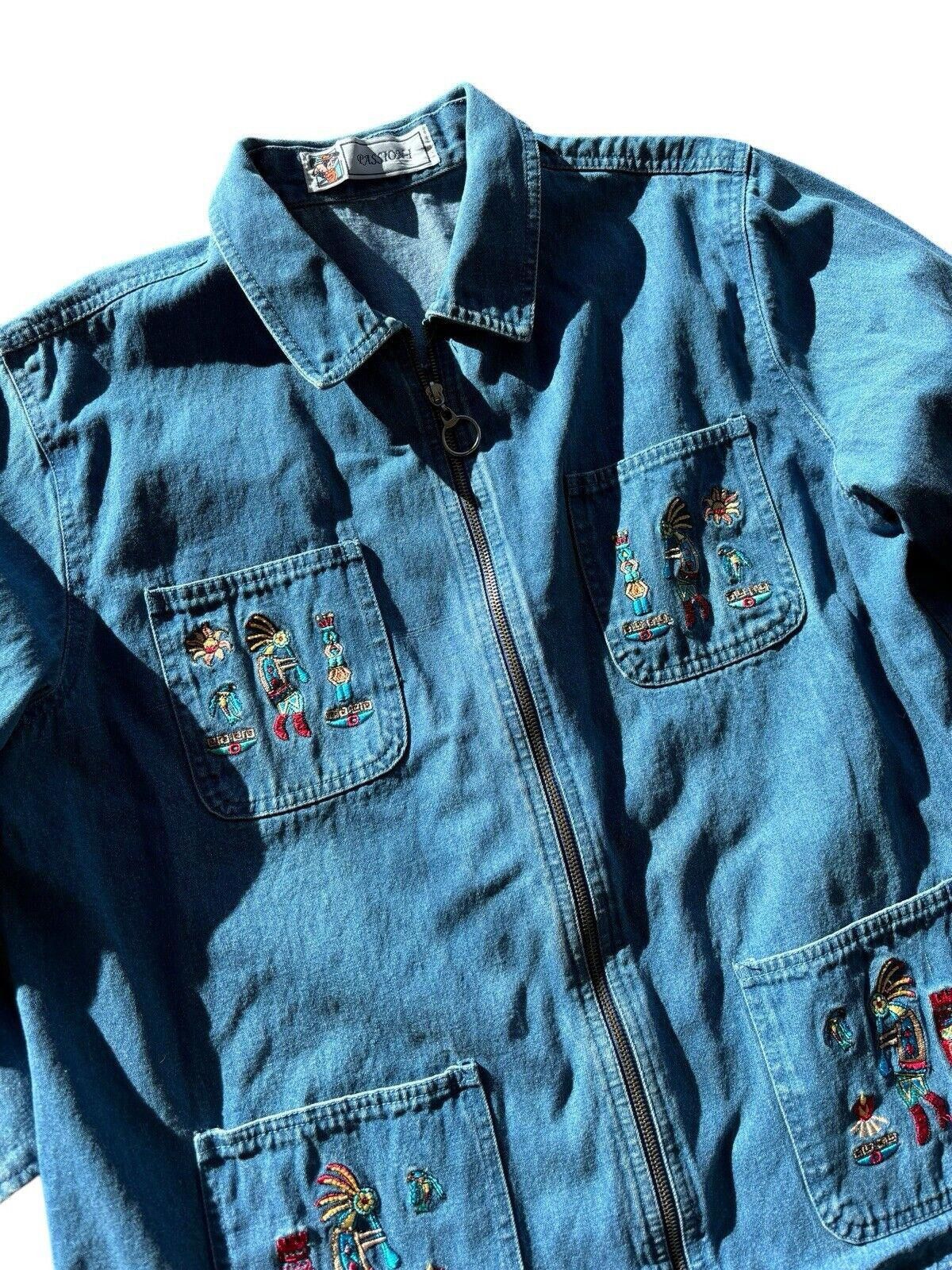 Vintage Passion 1 Kokopelli Embroidered Denim Zip Up Jacket Vintage Size XL / US 12-14 / IT 48-50 - 3 Thumbnail