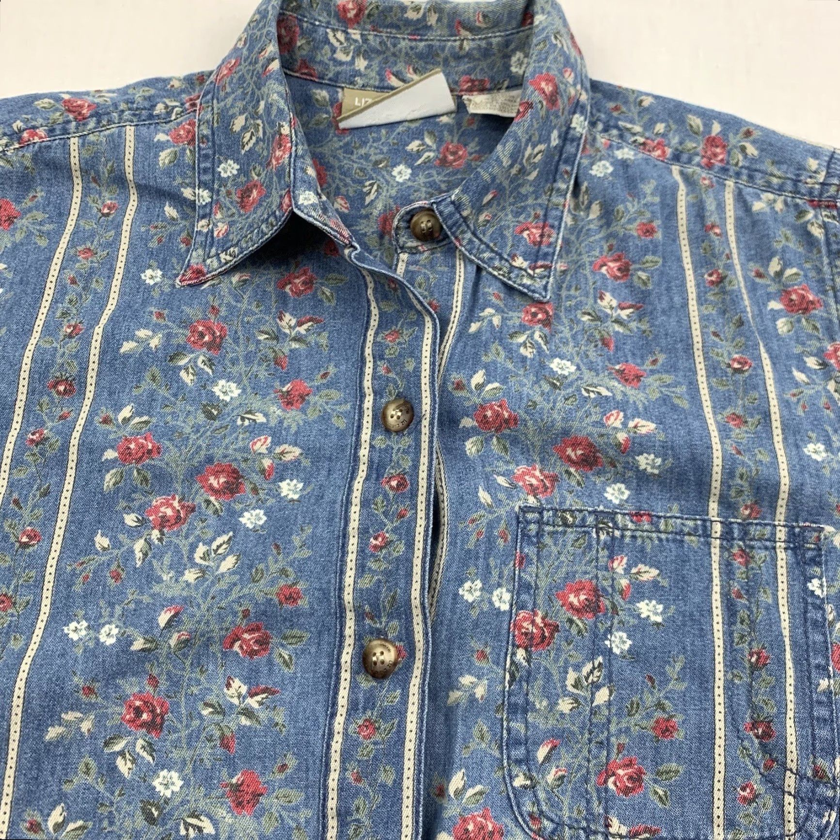 Liz Claiborne VINTAGE Liz Claiborne Women's Short Sleeve Button-Up Shirt Petite Medium Blue Floral 90s Y2K Size M / US 6-8 / IT 42-44 - 2 Thumbnail