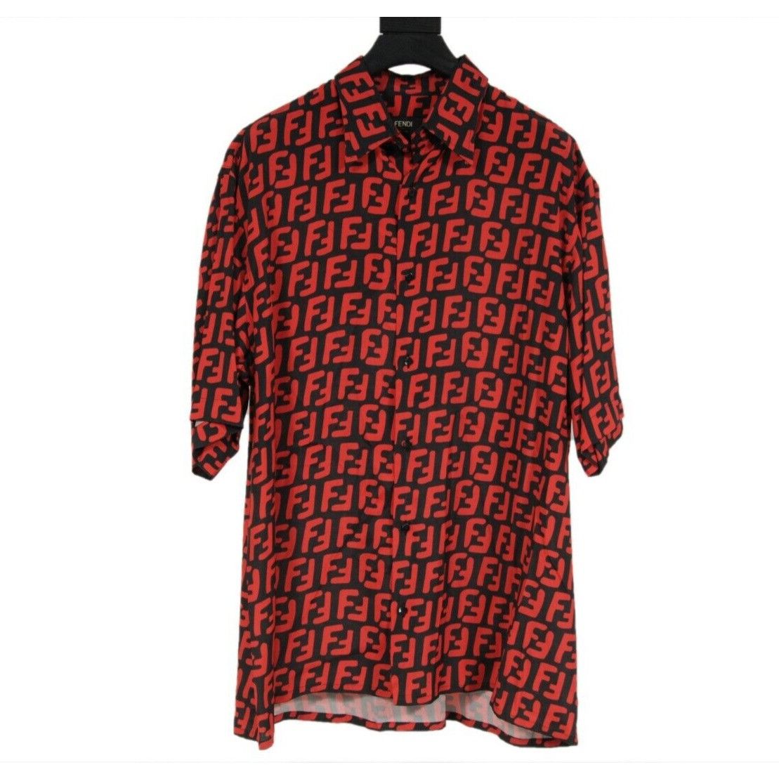 image of Fendi Ff Logo Button Down Shirt Black Red, Men's (Size Medium)