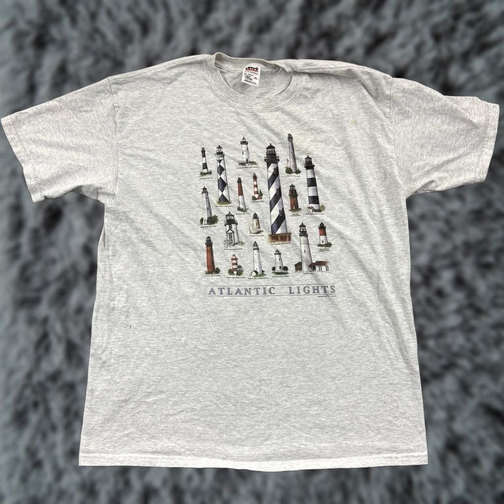 Anvil VINTAGE Atlantic Lighthouses Shirt Mens XL Gray Short Sleeve 90s Travel Outdoor 80s 90s Logo Graphic Print Angel Anvil Cotton Knit Size US XL / EU 56 / 4 - 1 Thumbnail