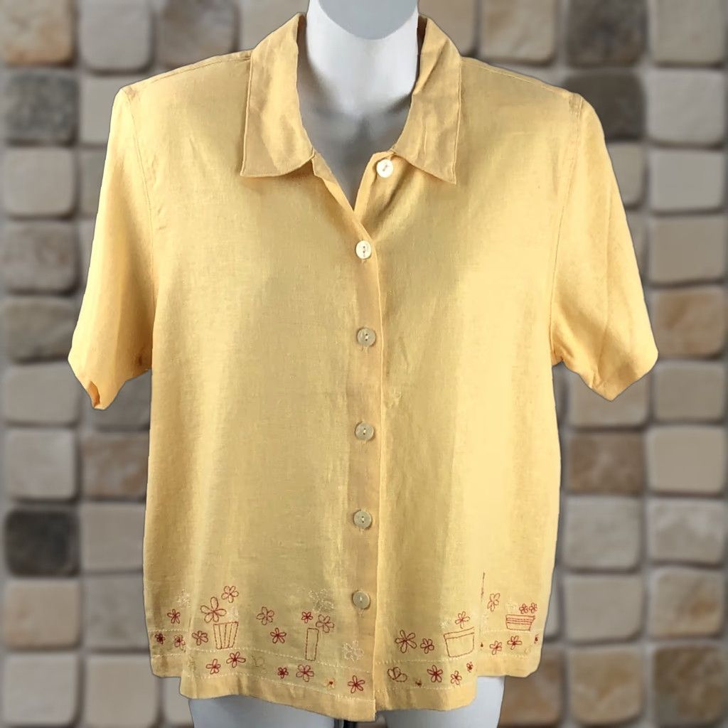 Vintage NWT Christopher Banks Linen Top M Yellow Floral Embroidered ButtonUp CottageCore Shirt Womens Size M / US 6-8 / IT 42-44 - 1 Thumbnail