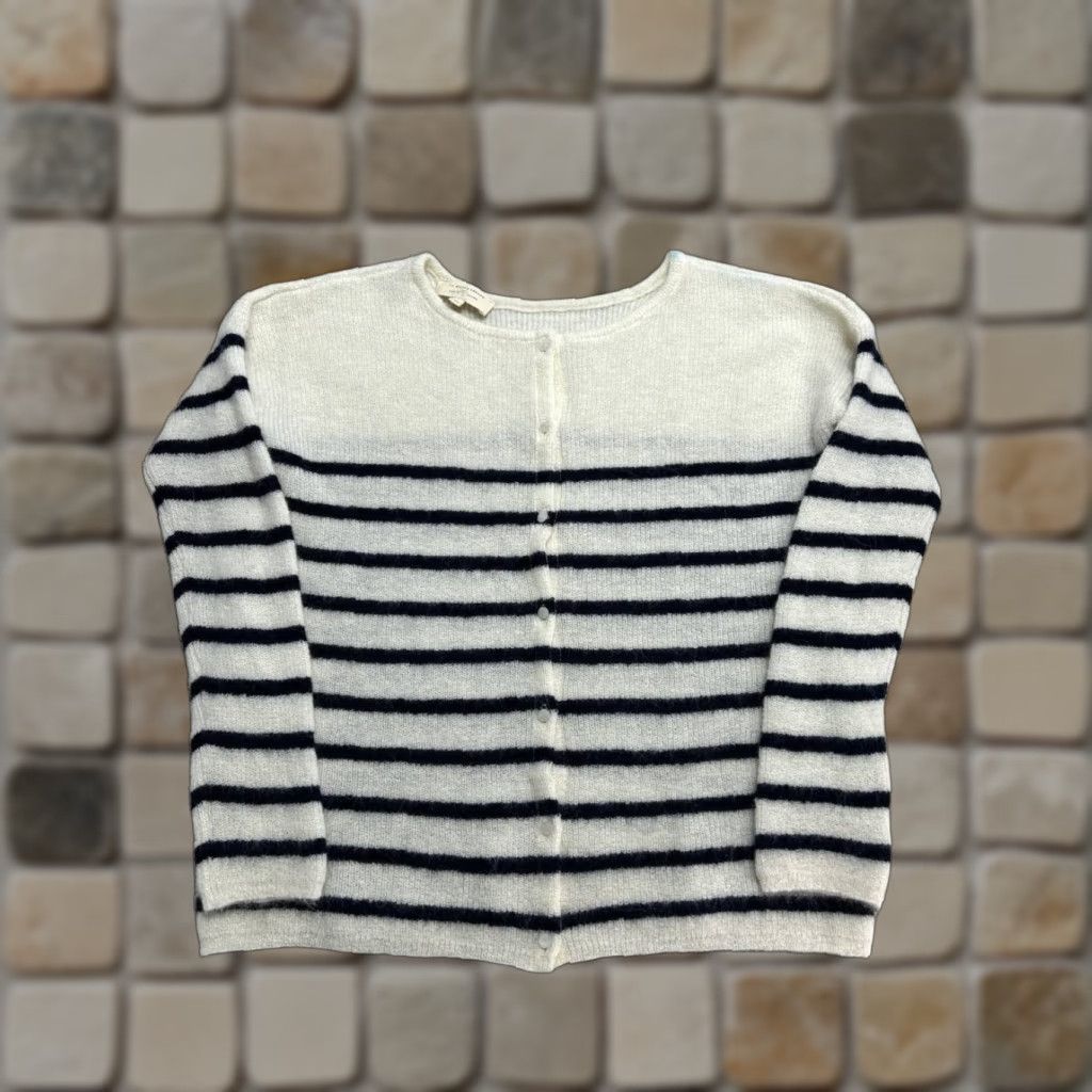 VINTAGE La Maille Sezane Cardigan Sweater Womens XS White Striped Tight Knit Round Neck