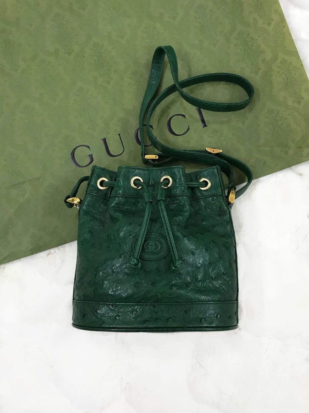 Gucci Gucci Green Ostrich Leather Bucket Bag Size ONE SIZE - 1 Thumbnail
