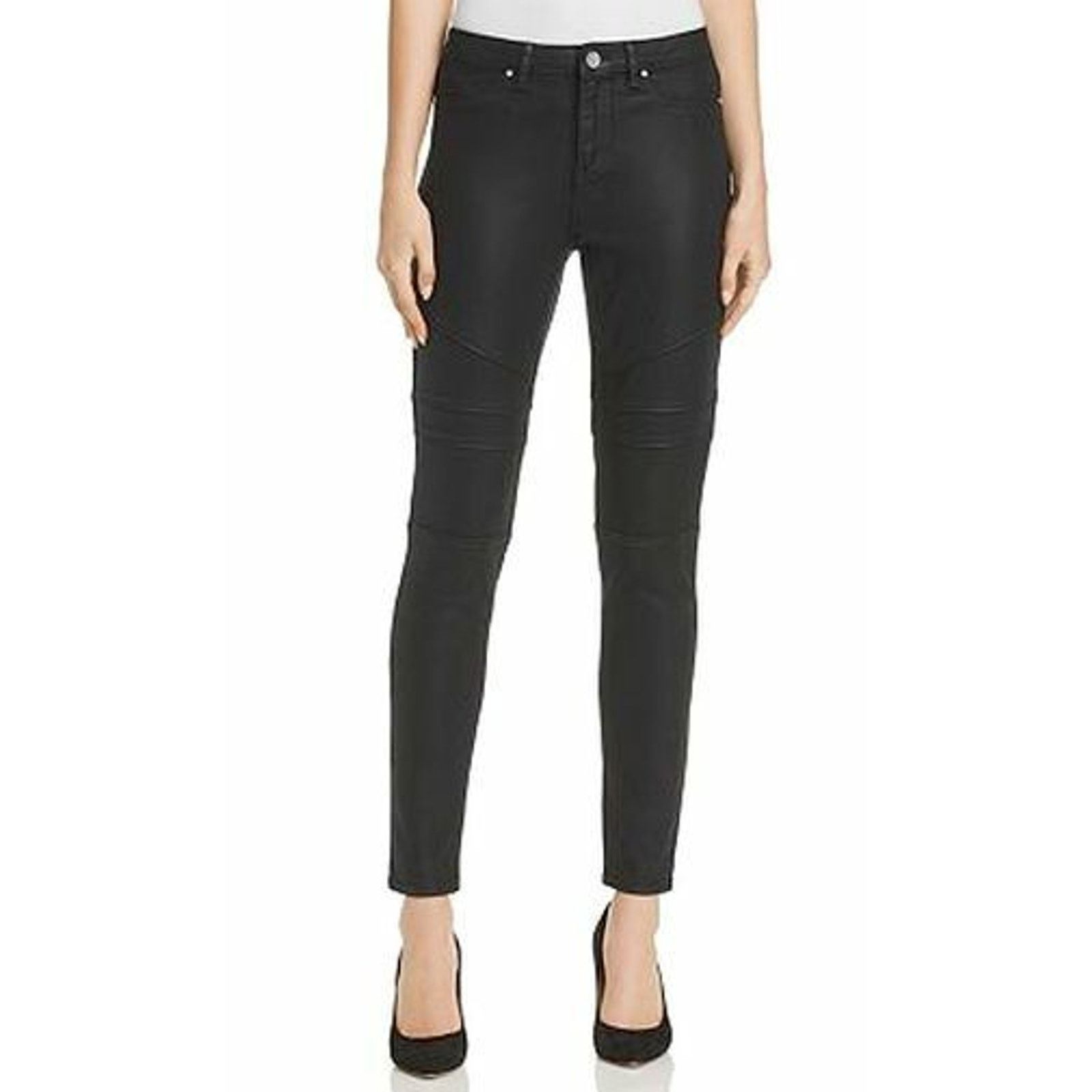 Elie Tahari B0 NWT ELIE TAHARI Black Coated Azella Moto Jeans Sz 24 $248 Size 24" / US 00 / IT 34 - 1 Thumbnail