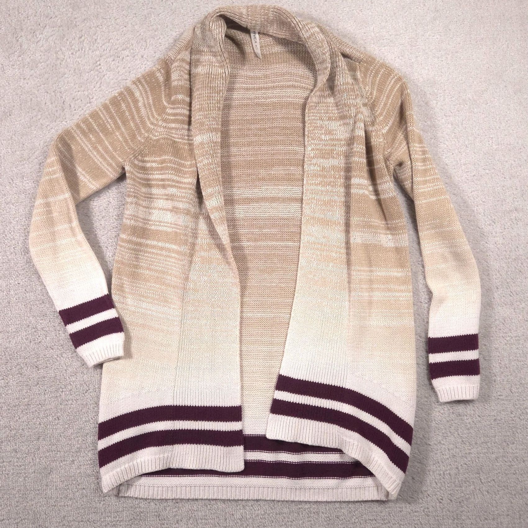 RVCA RVCA Cardigan Sweater Womens S Beige Cotton Acrylic Open Longline Knit Stripe V-Neck Casual Fall Ladies Size S / US 4 / IT 40 - 2 Thumbnail