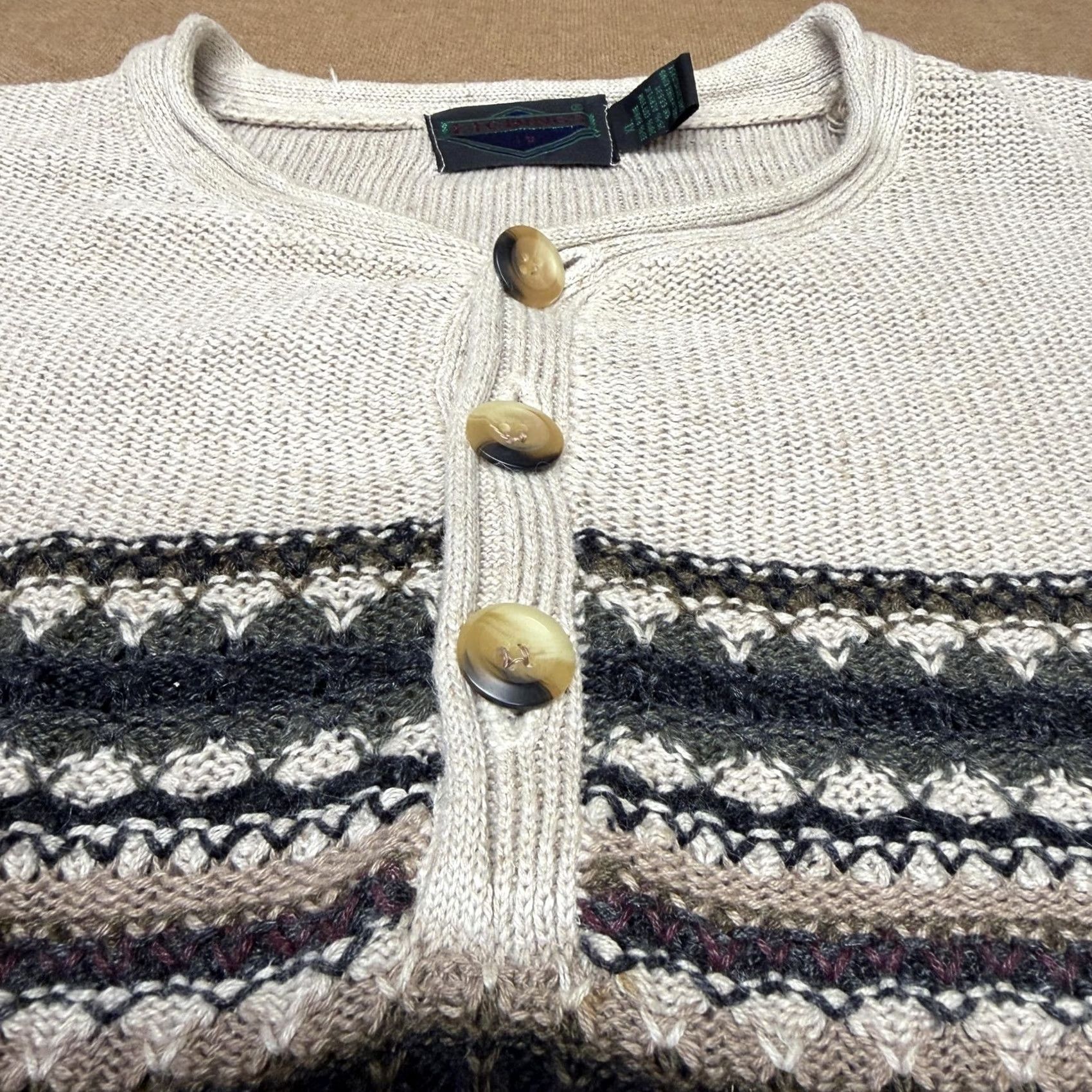 Vintage VINTAGE Etchings Sweater Mens XL Beige Pattern Knit Henley 90s Han Kung? Size US XL / EU 56 / 4 - 3 Thumbnail
