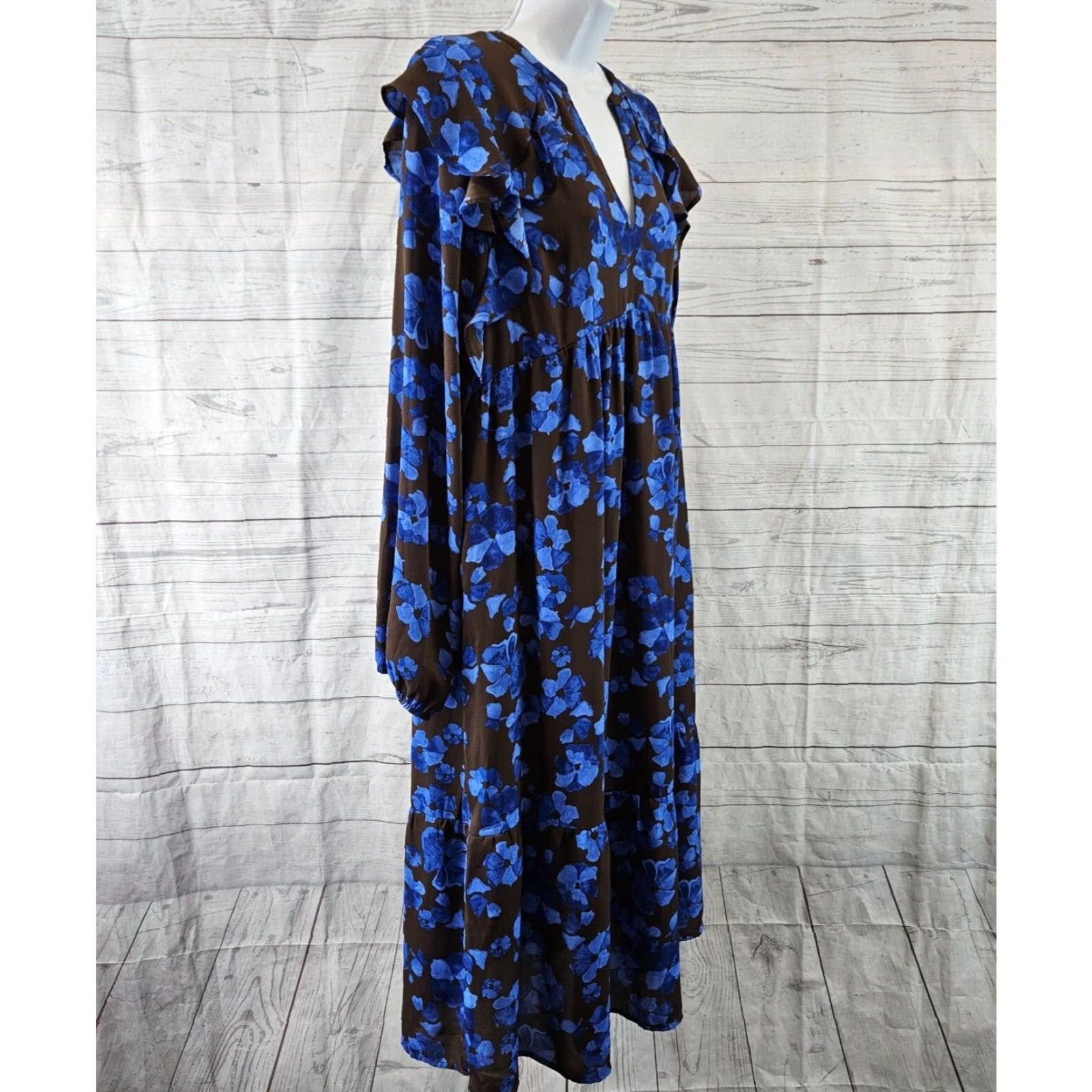 Vintage A New Day Womens Midi Dress Sz Medium Blue Brown Floral Long Sleeve Ruffle Size M / US 6-8 / IT 42-44 - 3 Thumbnail