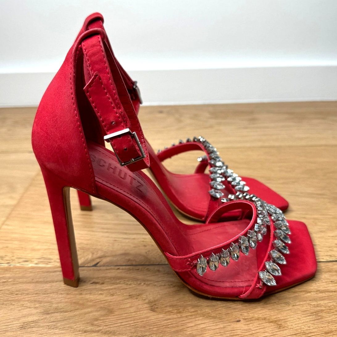 SCHUTZ NEW Schutz Linsey Red Nubuck Sandal Crystal Heels Size US 7 / IT 37 - 1 Thumbnail