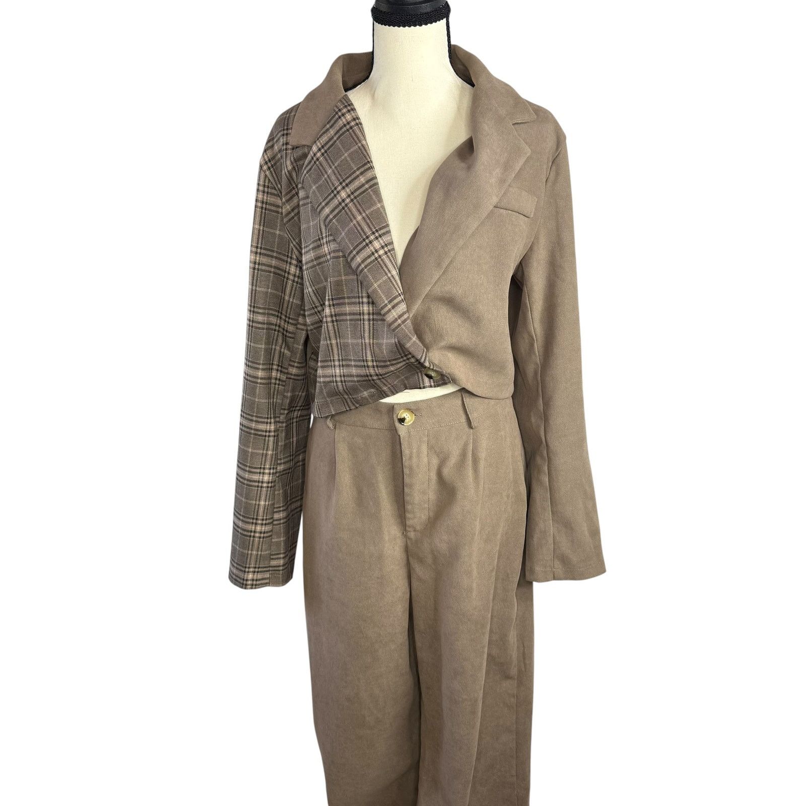 Shein SHEIN Brown Plaid Mixed Blazer Trouser Set Size 24" / US 00 / IT 34 - 2 Thumbnail