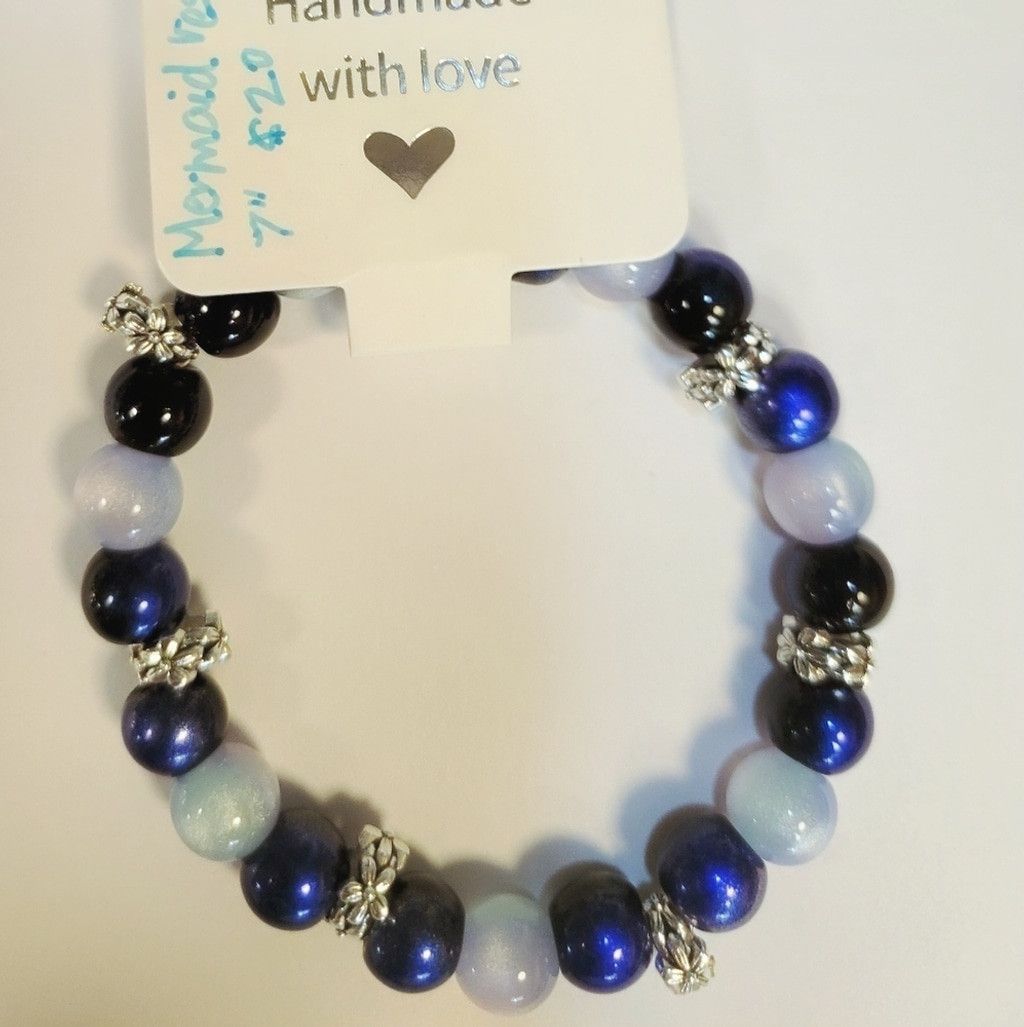 Handmade Mermaid Resin & Glass Beaded Silver Flower 7" Bracelet Size ONE SIZE - 3 Thumbnail