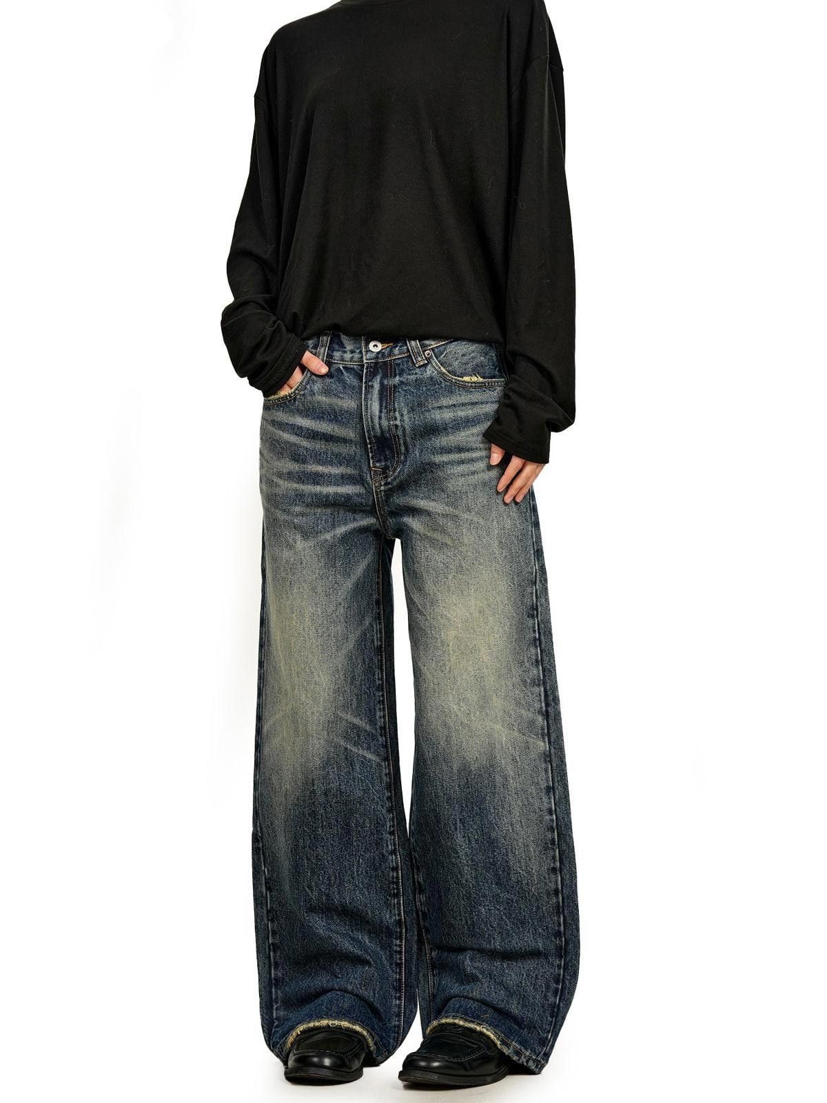 Jean Deep Blue Straight Wide-Leg Whisker-Wash Denim Jeans Size US 30 / EU 46 - 1 Thumbnail