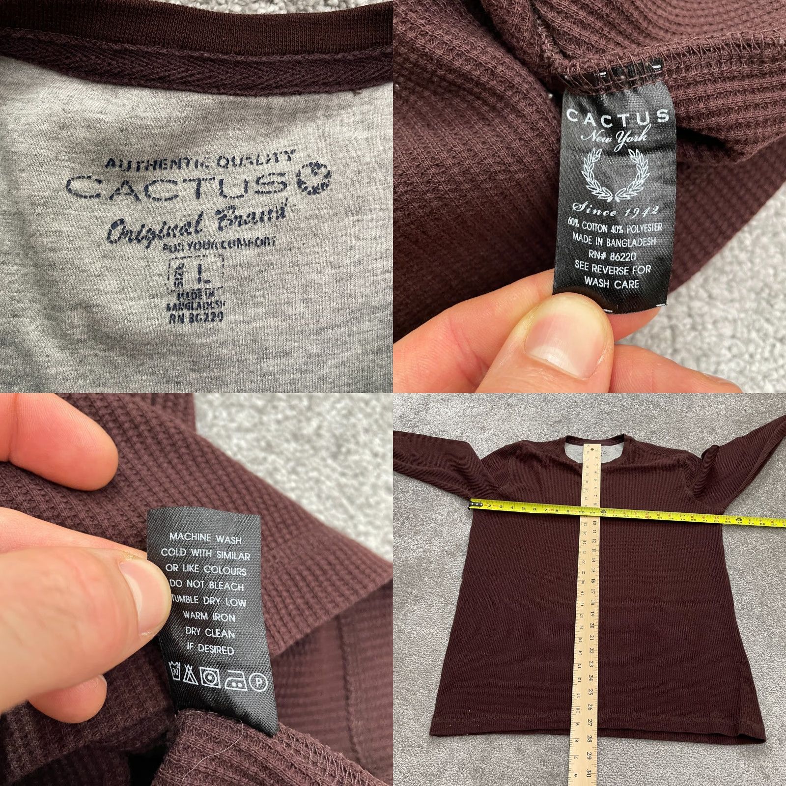 Vintage Cactus Waffle Knit Shirt Mens Large Dark Brown Crew Neck Long Sleeve Casual Top Size US L / EU 52-54 / 3 - 8 Thumbnail