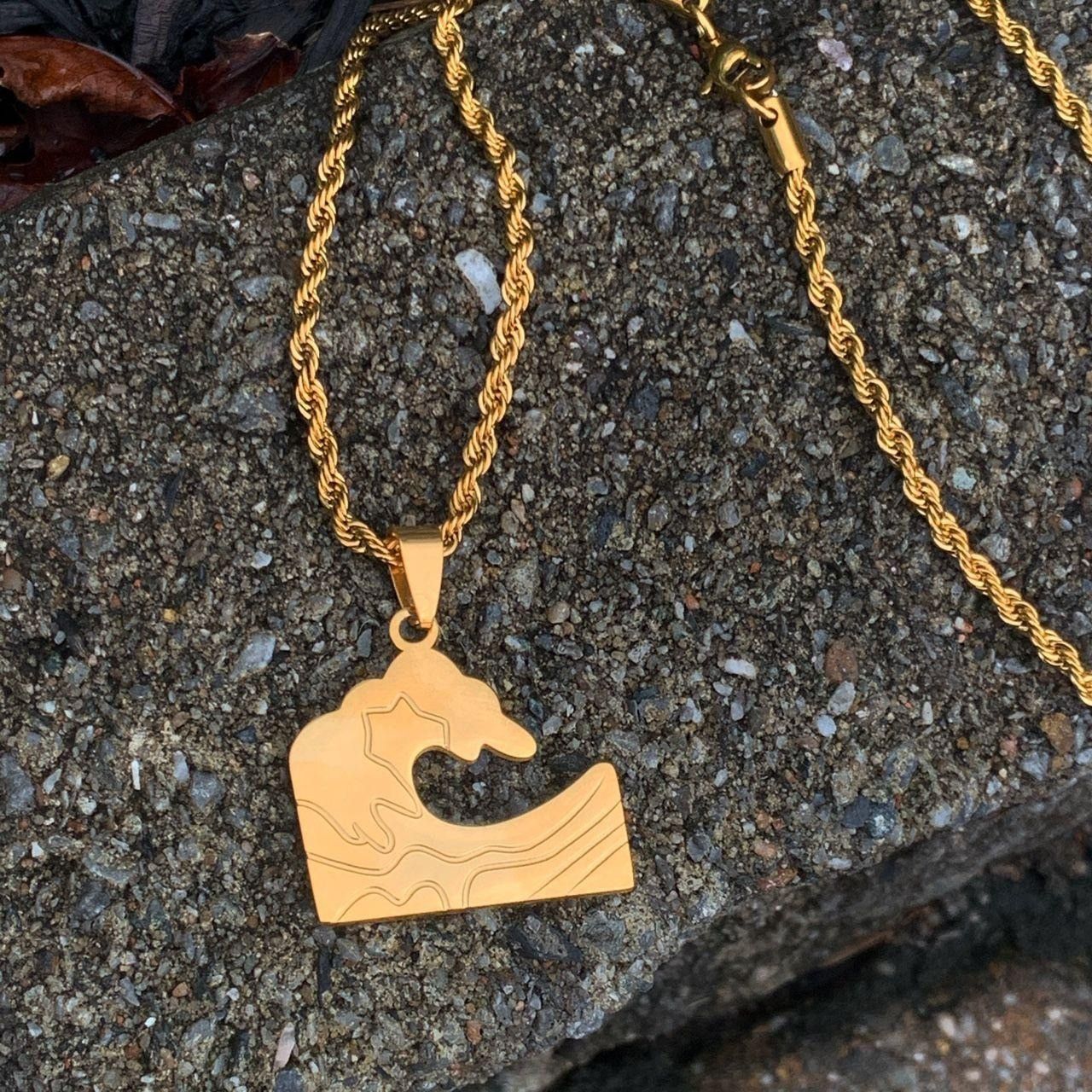 Cuban Link Chain Golden Great Wave Pendant Rope Chain Cuban Chain