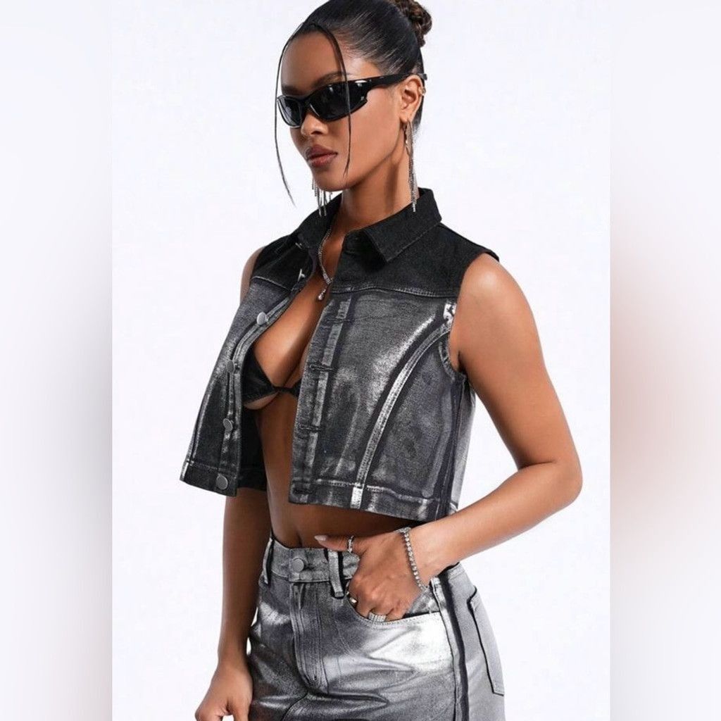 Other Cropped Denim Vest Jacket in Black & Silver Size (8/10) L Size M / US 6-8 / IT 42-44 - 6 Thumbnail