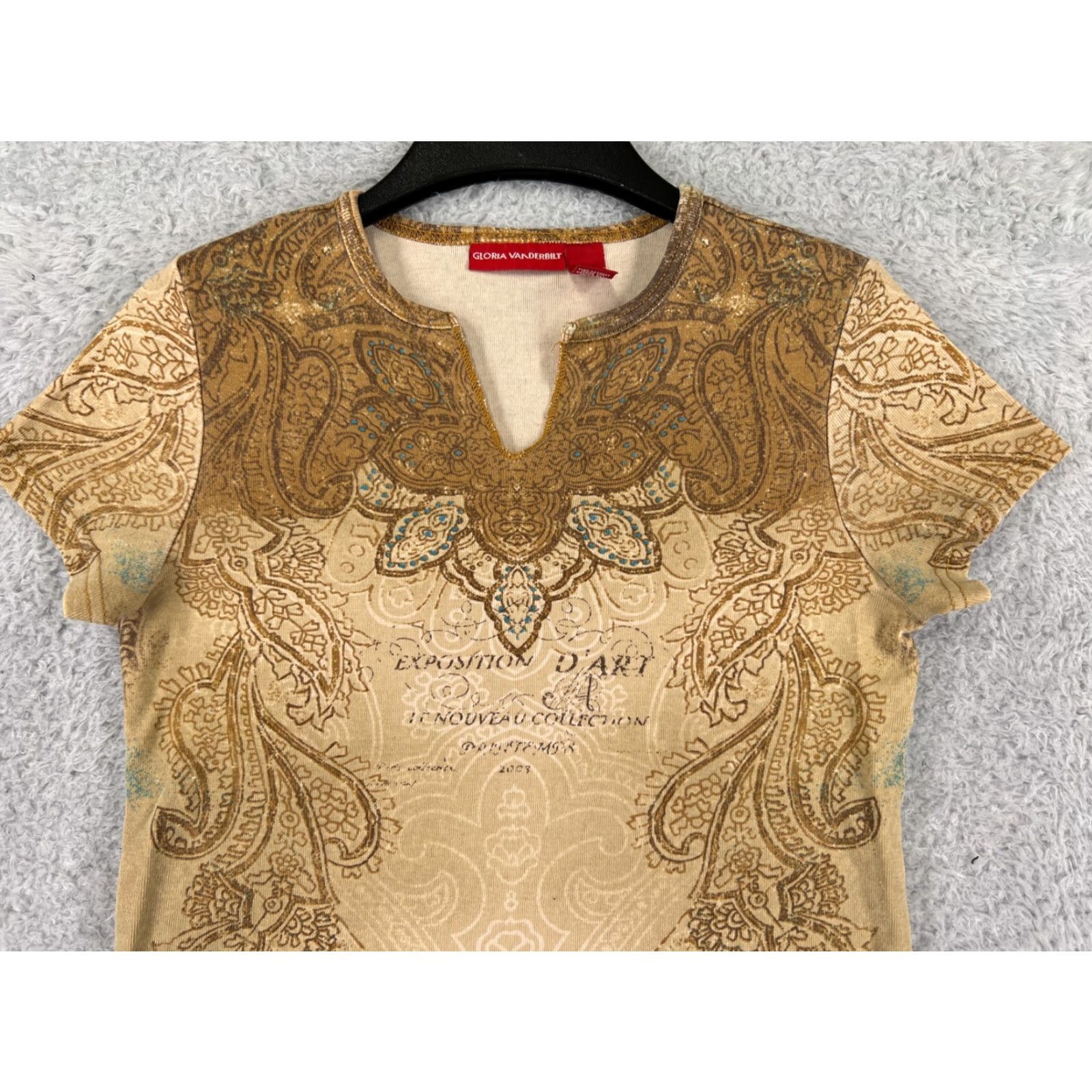 Gloria Vanderbilt Gloria Vanderbilt Women's T-Shirt Small Beige Paisley V-Neck Casual Logo Classic Designer Size S / US 4 / IT 40 - 4 Thumbnail