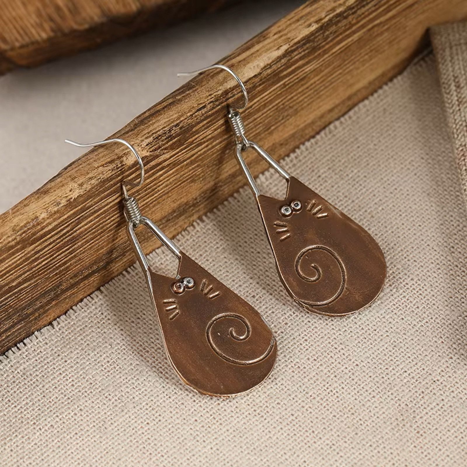 Designer Copper Cat Dangle Earrings Hooks Minimalist Design Size ONE SIZE - 6 Thumbnail