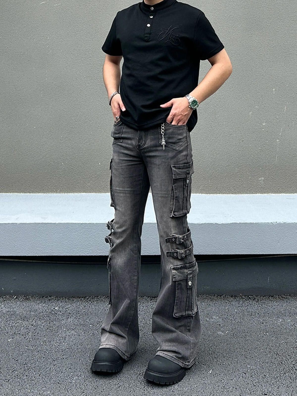 Japanese Brand Flared Cargo Jeans with Buckle Straps Size US 30 / EU 46 - 3 Thumbnail