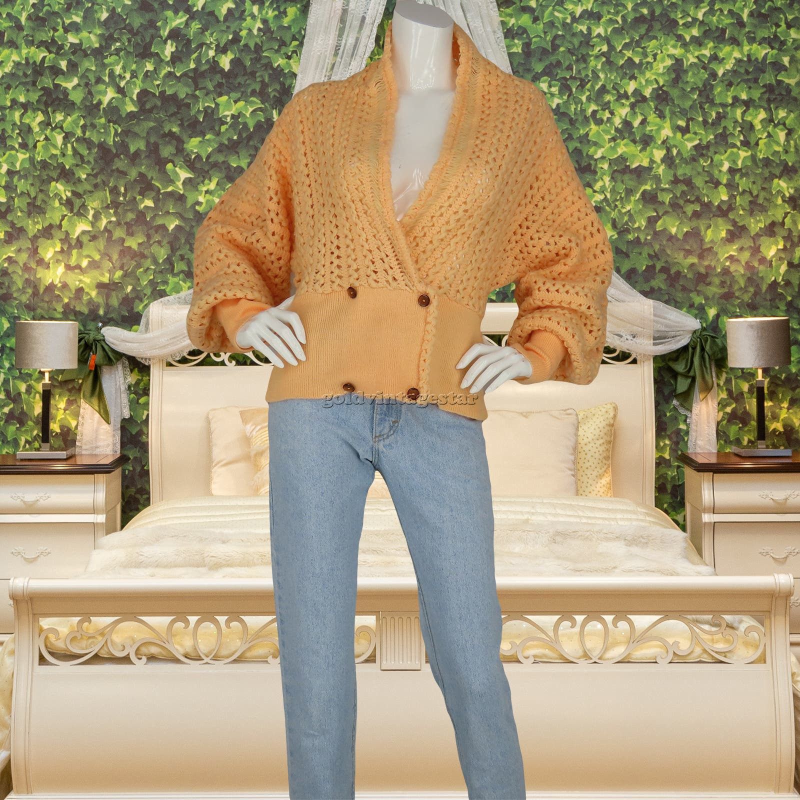 image of Vintage Orange Cream Crochet Knit Cardigan XL Cozy Chic, Women's