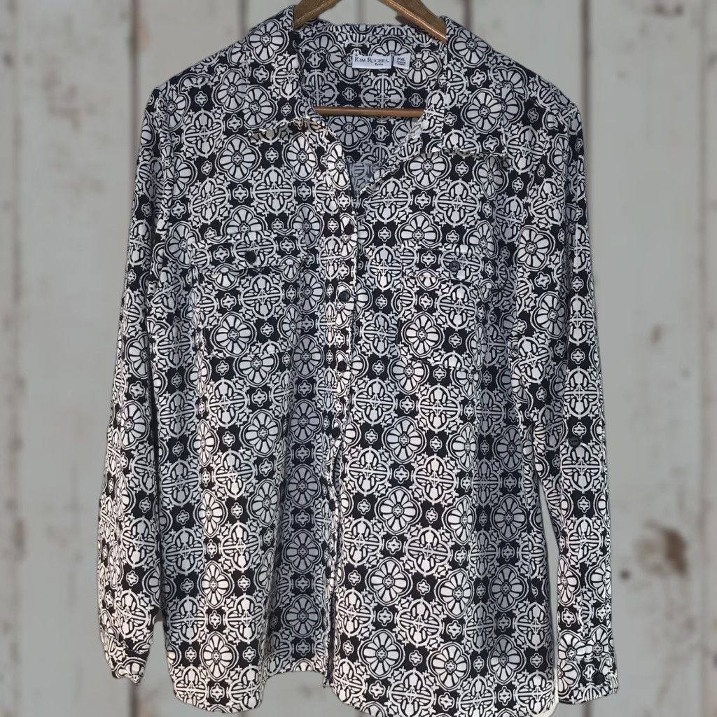 Vintage Kim Rogers Petite Blk/Wht Geometric Button Up Dress Shirt Womens Size PXL Size XL / US 12-14 / IT 48-50 - 1 Thumbnail