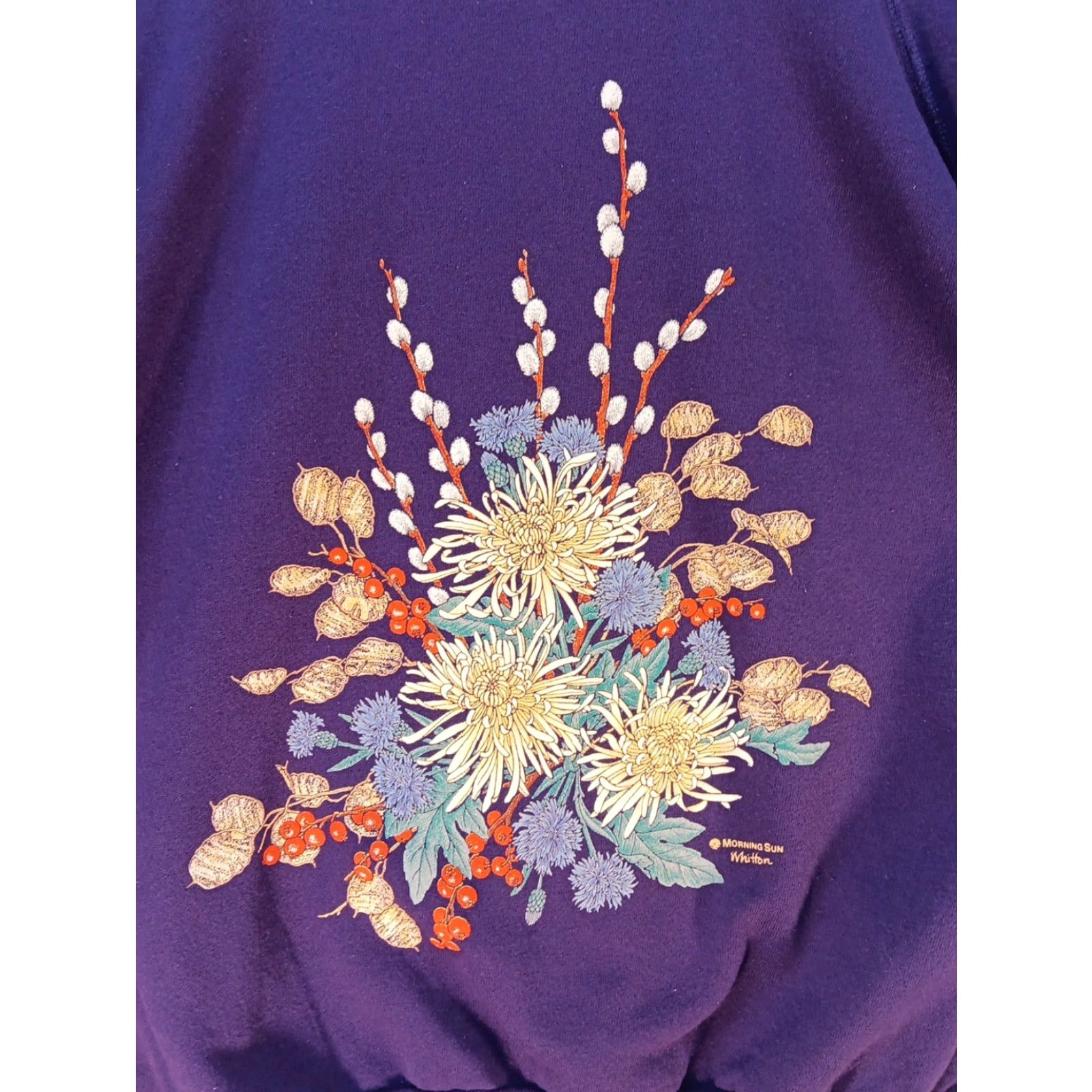 Vintage VTG Morning Sun Sweatshirt Women's L Purple Floral 90s Grandma GUC Pullover Fleece All Seasons Sweatshirt Ladies, Purple Floral Pattern, US Made Size L / US 10 / IT 46 - 3 Thumbnail