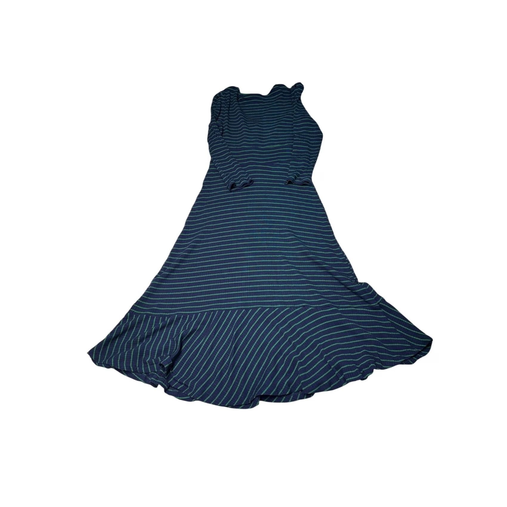 Anthropologie Maeve Anthropologie Midi Dress Womens S Navy Green Striped Ribbed Knit V-Neck Size S / US 4 / IT 40 - 5 Thumbnail