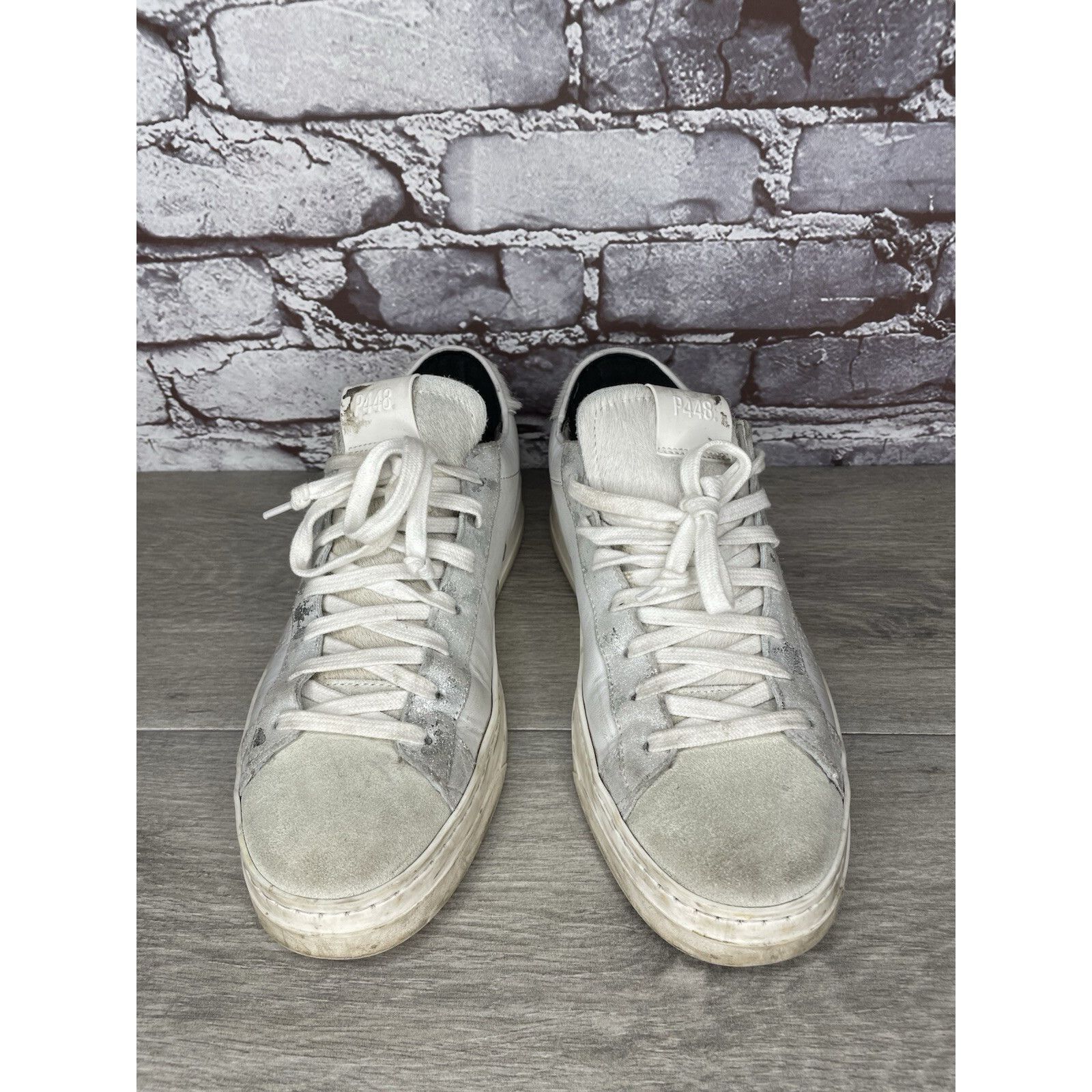 P448 P448 White Leather Gray Suede Silver Glitter Low Top Sneaker Size US 9.5 / IT 39.5 - 12 Thumbnail