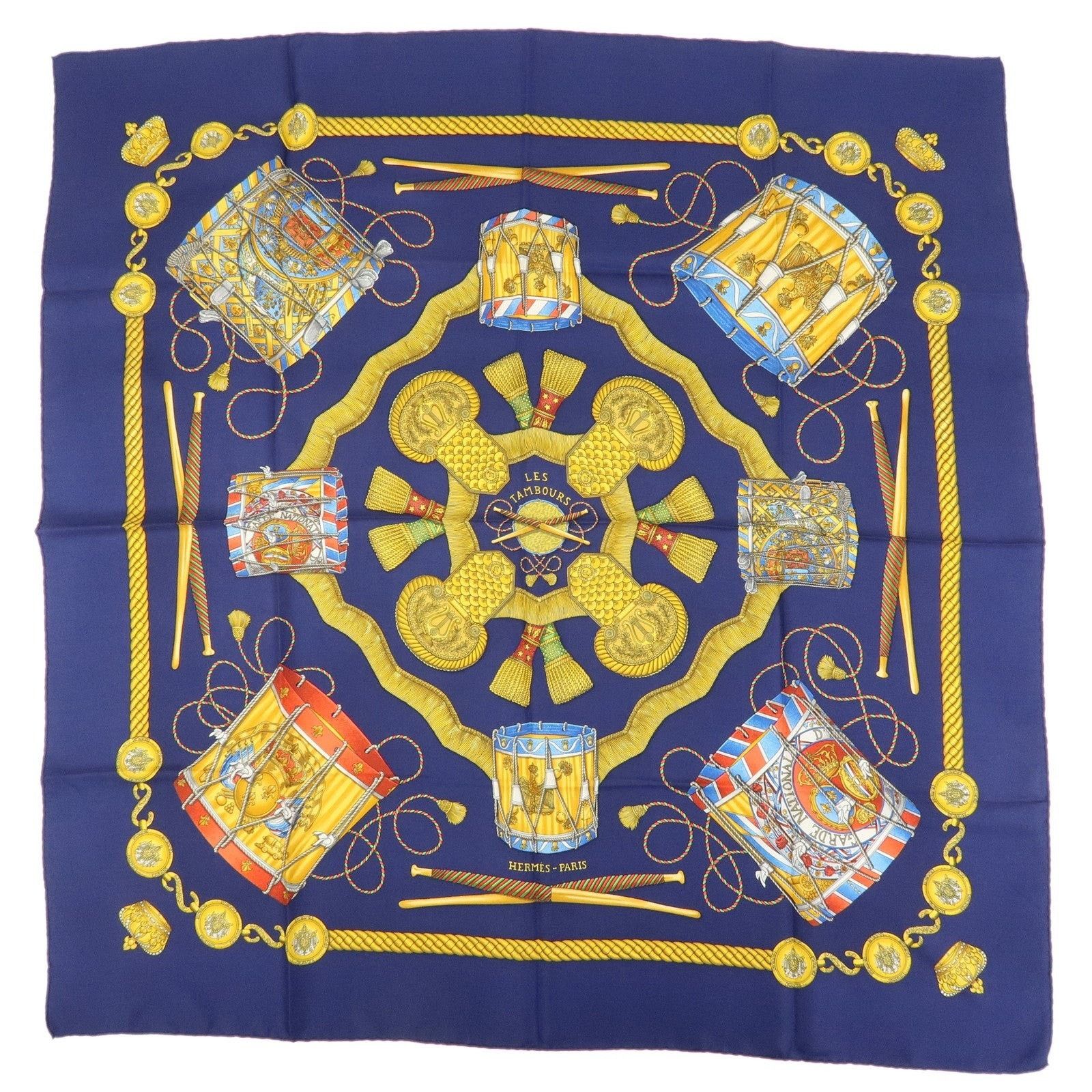 Hermes Hermes Carre 90 Les Tambours Silk Scarf Navy Size ONE SIZE - 1 Thumbnail