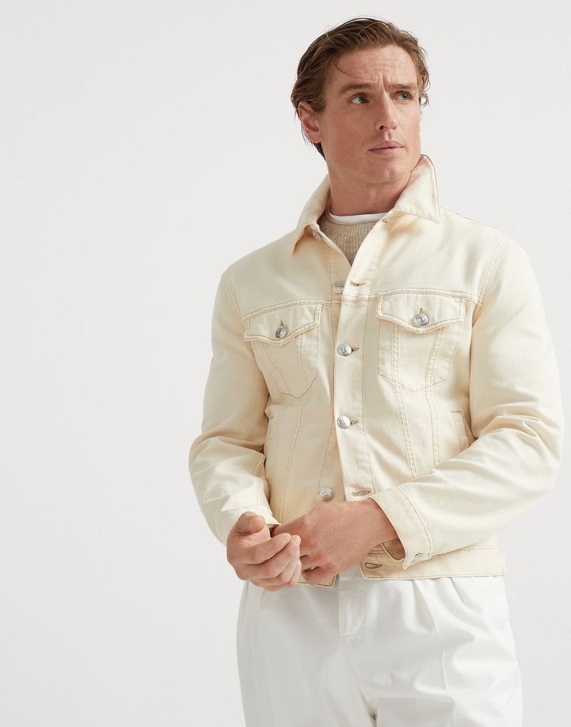 Brunello Cucinelli o1la1rc1a0326 Garment-Dyed Four-Pocket Denim Jacket in Cream Size US XL / EU 56 / 4 - 1 Thumbnail
